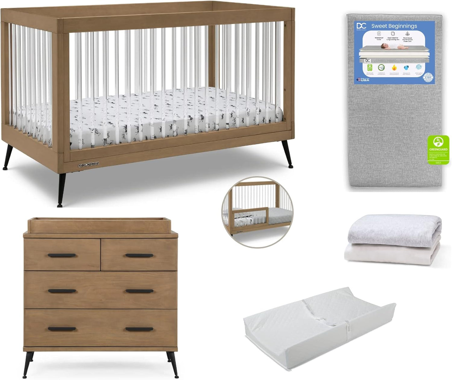 Delta Children Sloane 7-Piece Baby Nursery Furniture SetIncludes: Convertible Crib, Dresser, Changing Top, Crib Mattress, Fitted Sheets, Toddler Guardrail & Changing Pad, Acorn w/Matte Black
