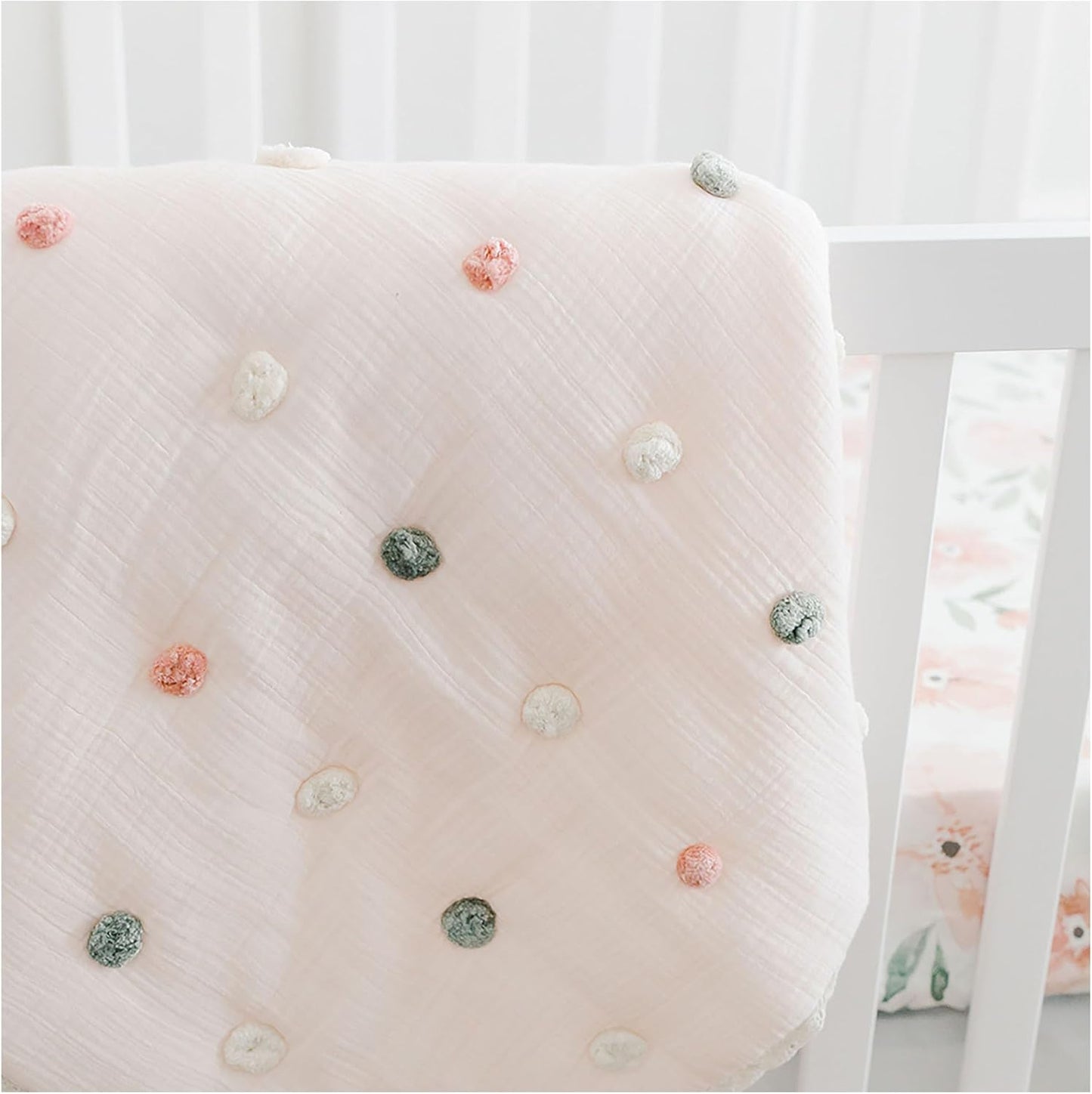 Crane Baby Soft Cotton Muslin Nursery Blanket with Pom Pom Trim, 36" X 36", Stroller Blanket for Girls, Pink Nursery Decor, for Girls, 100% Cotton, Polka Dot