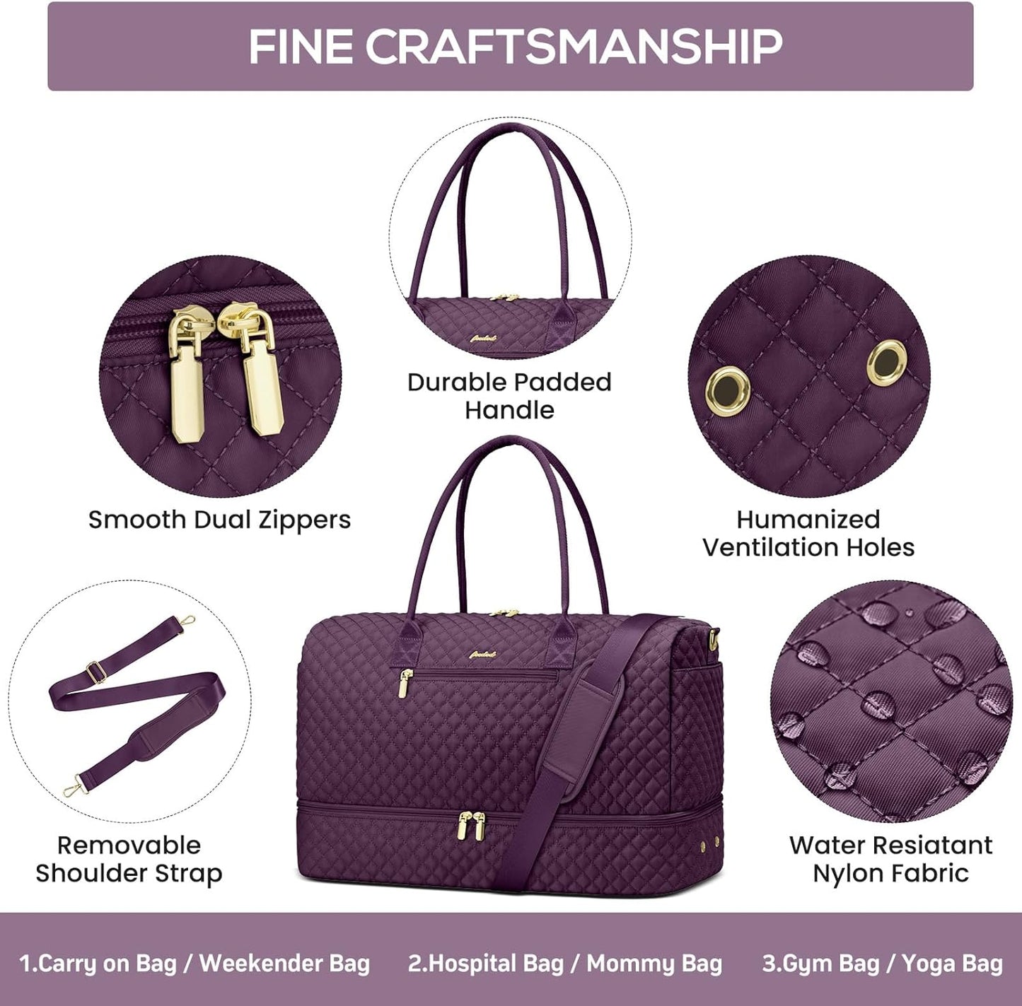 Travel Duffle Weekender Bags for Women - Carry on Overnight with Shoe Compartment Duffle Bag Hospital Bag Dark Purple