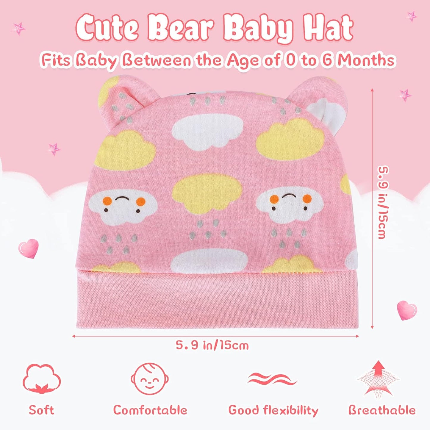 Geyoga 6 Pieces Newborn Baby Hat Bear Ears Infant Caps Baby Boy Girl Toddler Hats Infant Beanie Caps for 0-3 Months