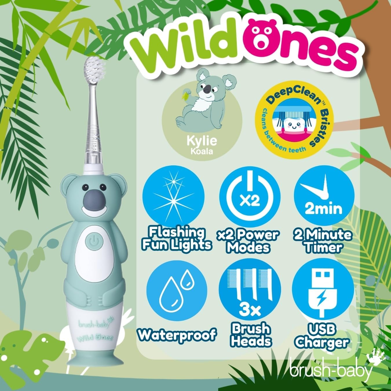 brush-baby WildOnes™ Rechargeable Kids Electric Toothbrush – Koala | Flashing Lights, 2-Min Timer, Waterproof, 3 Brush Heads | Toddler & Child Toothbrush Ages 0-10 | Soft Bristles