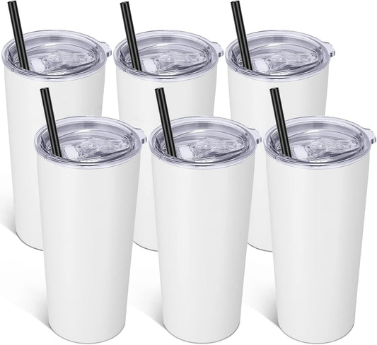 VEGOND 20oz Tumbler Bulk with Lid and Straw 6 Pack, Stainless Steel Vacuum Insulated Tumbler, Double Wall Coffee Cup Travel Mug, White
