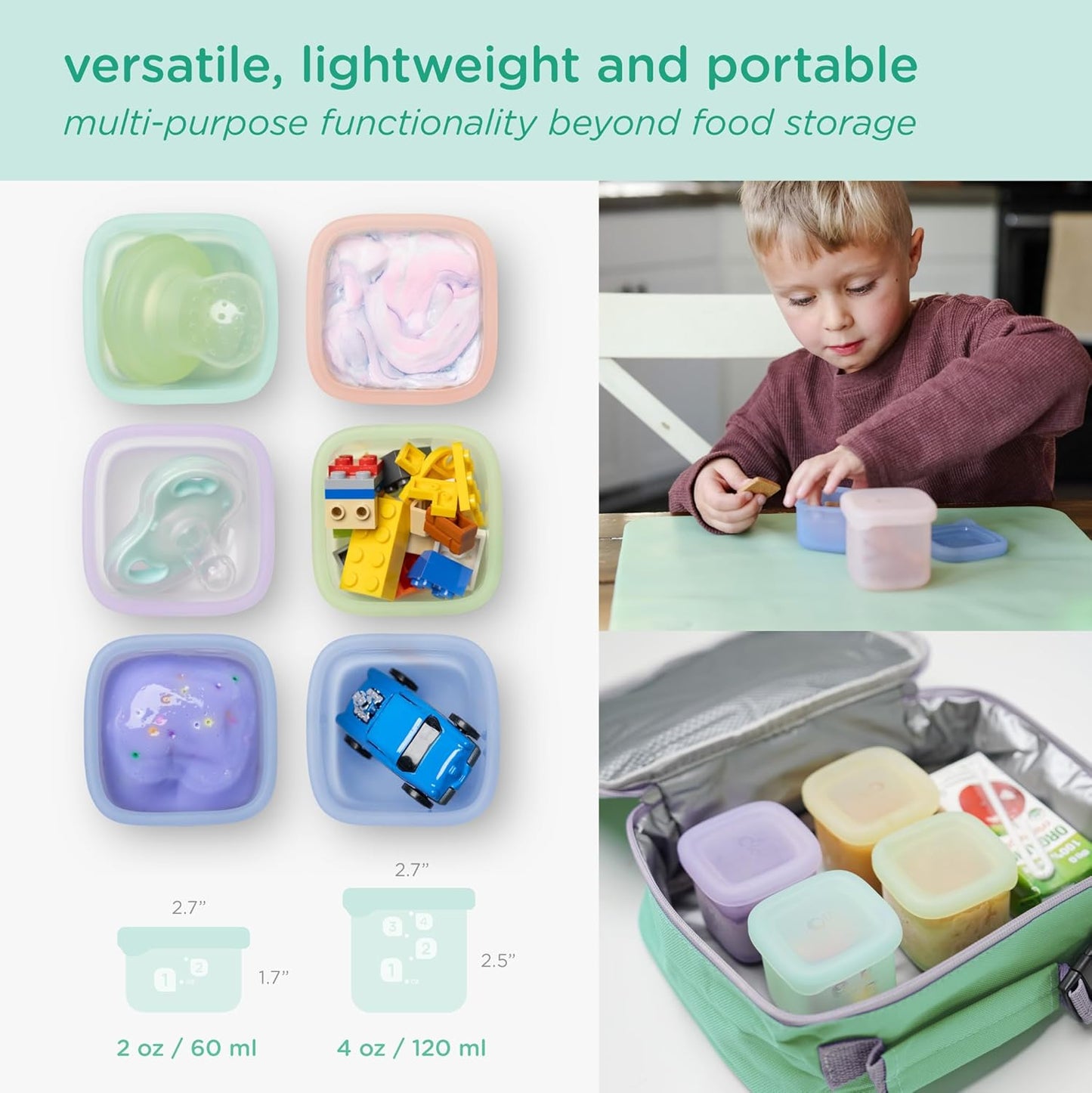 Olababy Clear Sense Silicone Storage Containers 4pk for Baby Food, Snacks, Formula, Puree, Sauce & More | Micro Plastic & BPA-Free | Daycare Essentials for Toddlers and Kids (Mint, 4 oz / 120 ml)