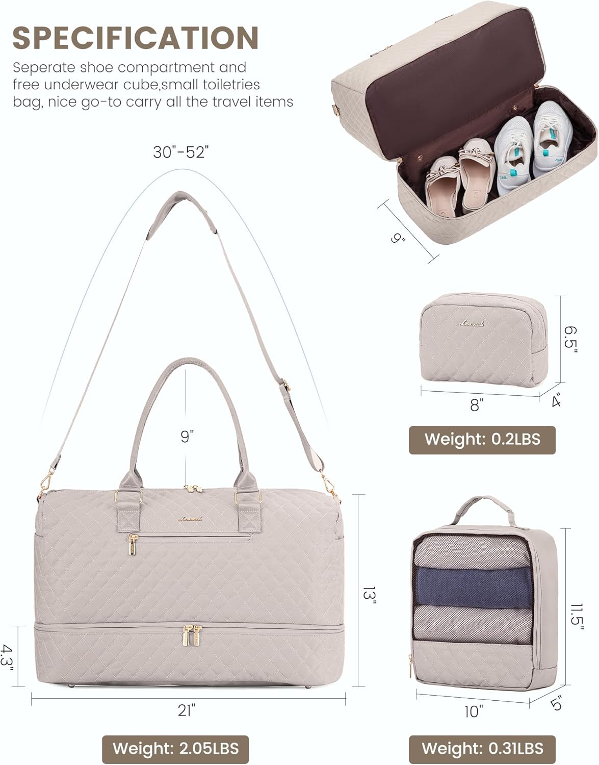 LOVEVOOK Travel Duffle Bag for Women, Weekender Overnight Bag with Shoe Compartment, Carry on Bag with Toiletry Bag, Gym Duffel Bag with Wet Pocket, Hospital Bags for Labor and Delivery 3 Pcs Set