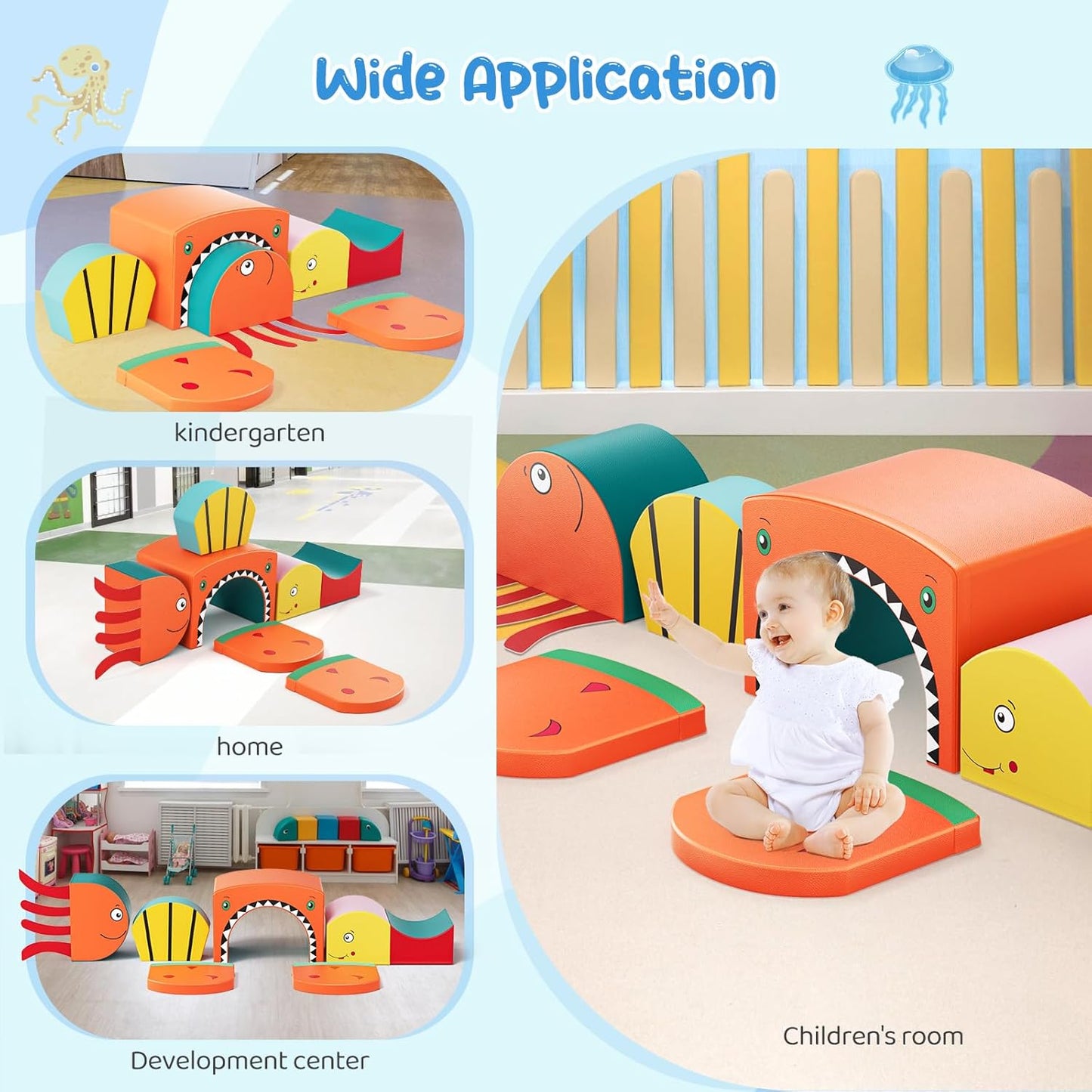 Lischwert Foam Climbing Blocks for Toddlers, Shark Theme Baby Climbing Blocks Soft Play Climbing for Toddlers with Foldable Block and Tunnel Indoor Climbing Toys for Toddler 1-3, 6 Pieces