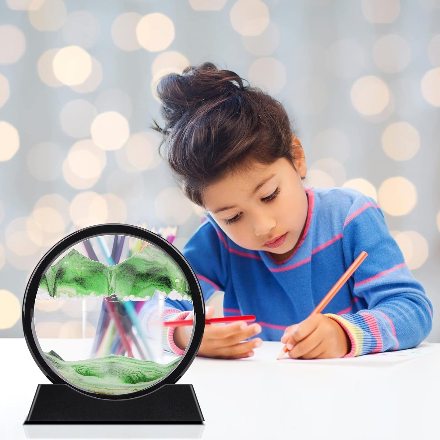 QLKUNLA Moving Sand Art Picture Liquid Motion 3D Deep Sea Sandscape in Motion Display Flowing Sand Frame Relaxing Desktop Home Office Work Decor Art Toys (7 inch, Green)