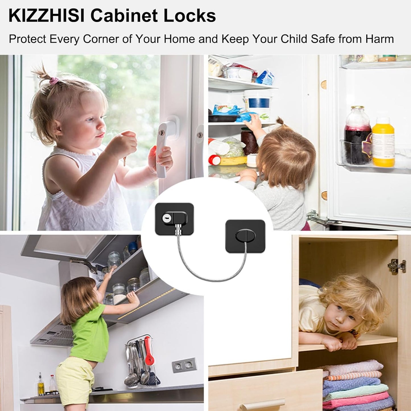 Fridge Lock (4 Pack),Refrigerator Lock with Keys,for Fridge, Cabinet Locks, Drawers, Dishwasher, Toilet and Child Safety Cabinet Locks, 3M Adhesive No Drilling (Black 4pcs)