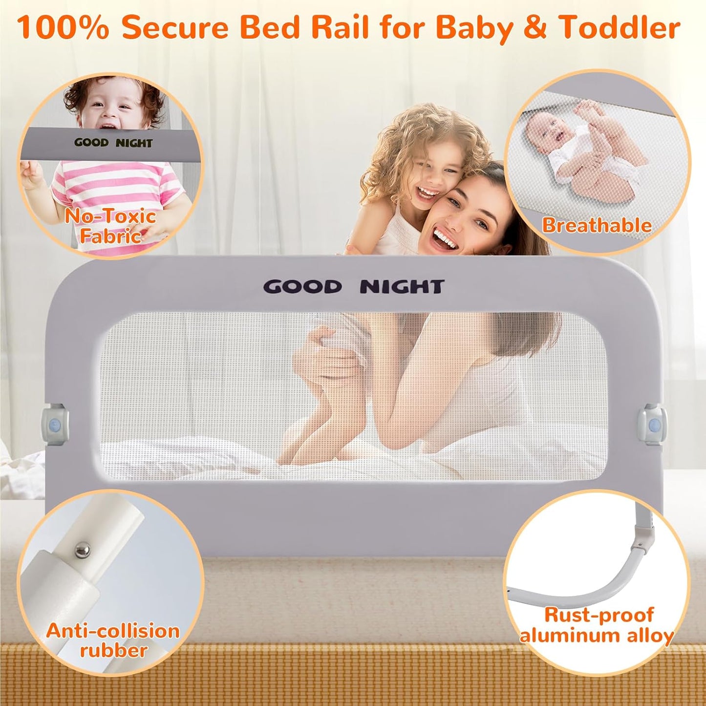 Bed Guard Rail for Toddlers - 47" Adjustable Heights & Folding up Portable Bed Railing for Baby - Toddler Bed Rails Guard for Crib, Twin, Bunk,Full Size, Queen & King Bed(Grey)