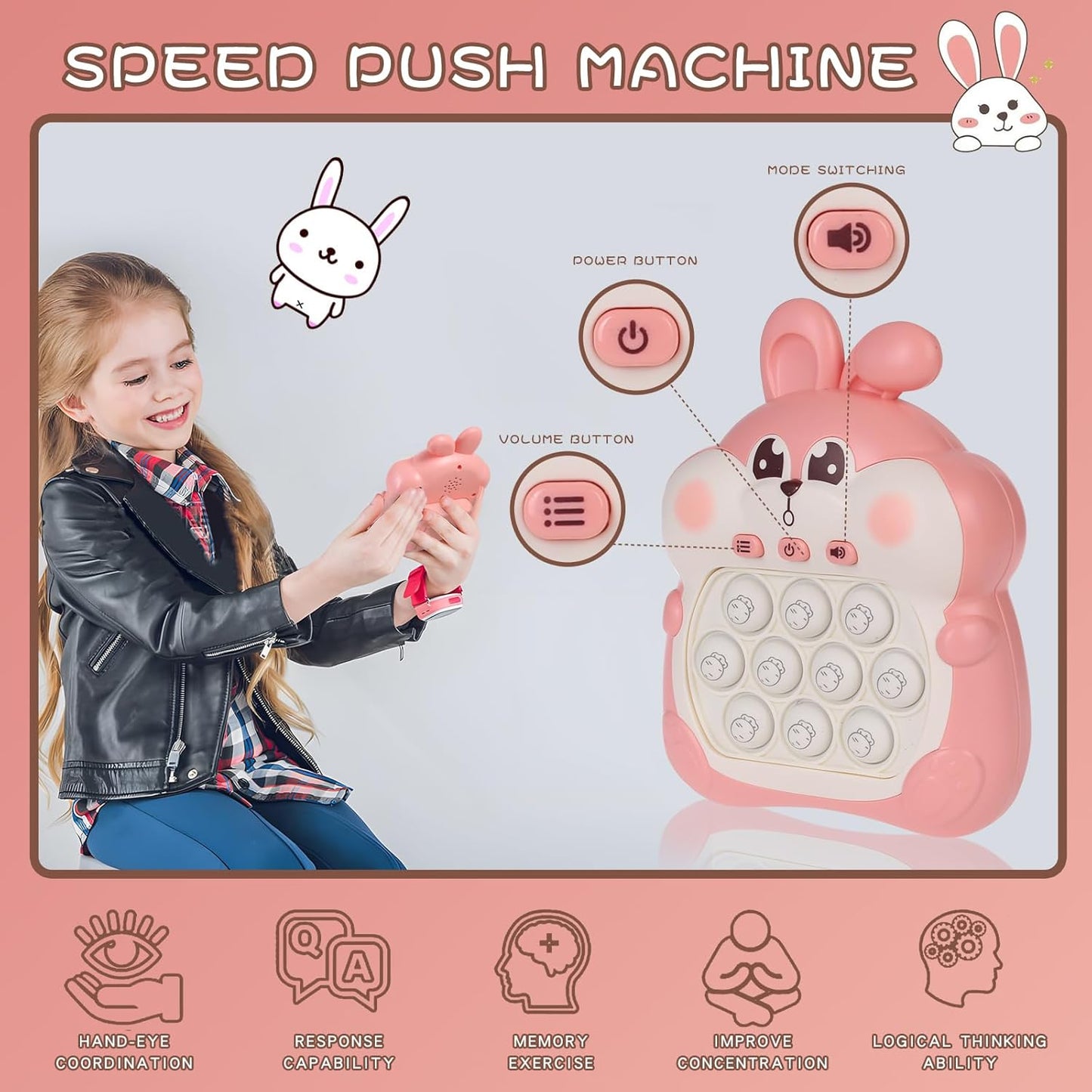 Fast Push Game Pop Fidget Toys for Kids, Fast Push Bubble Game, Quick Push Pop Game for Boys & Girls Age 3-12, Handheld Puzzle Game Sensory Toys Relaxation and Decompression (Pink Bunny)