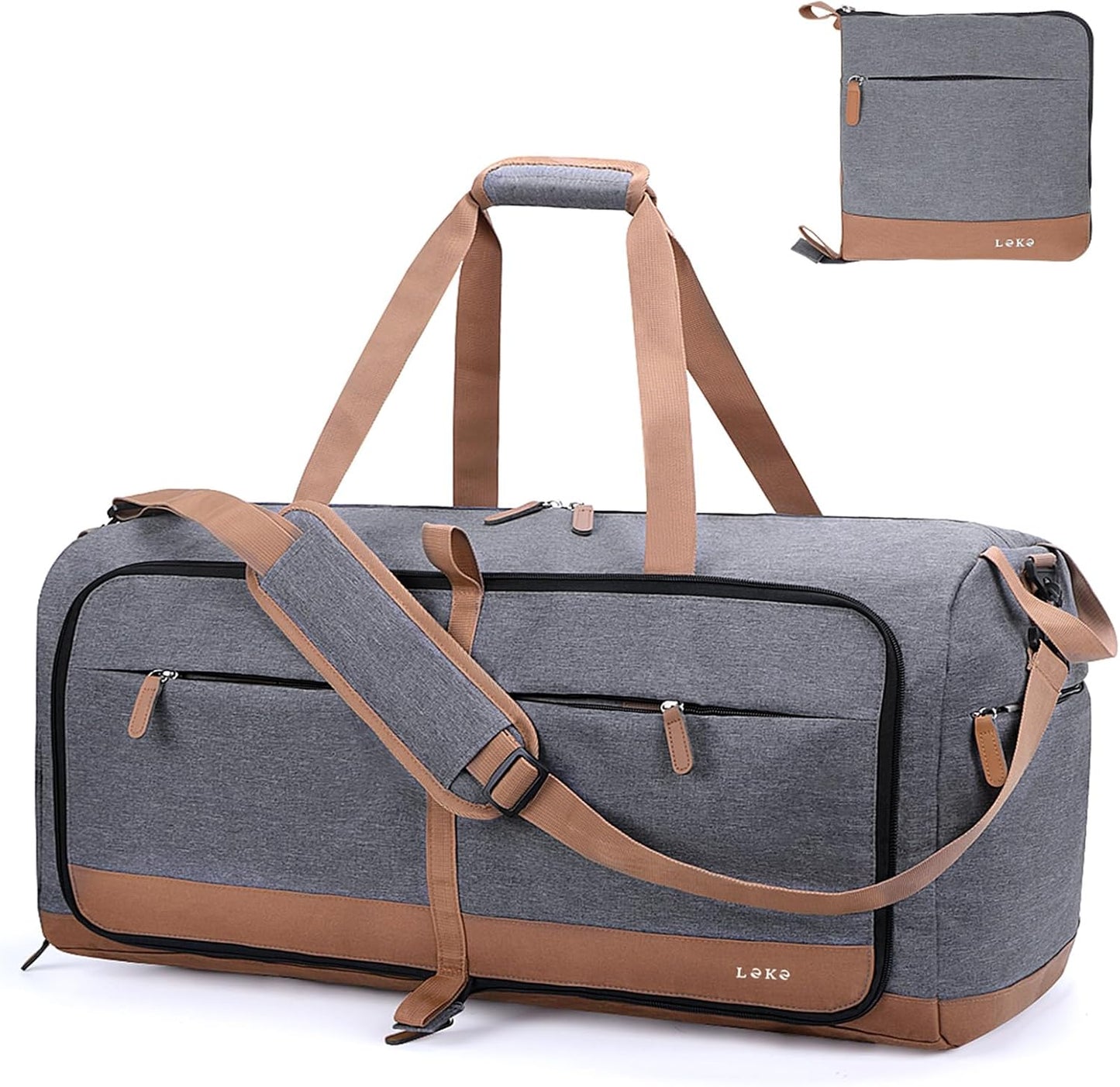Lekesky Foldable Travel Duffel Bag for Women, 80L Large Duffle Bag with Separate Shoes Compartments & Straps, Carry On Weekend Bag for Women, Hospital, Overnight(Grey)