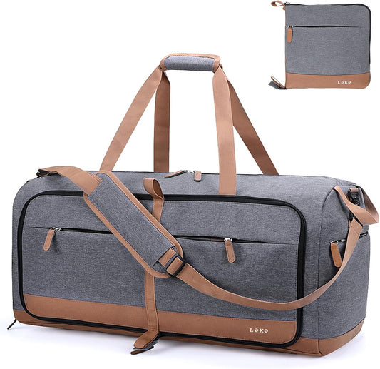 Lekesky Foldable Travel Duffel Bag for Women, 80L Large Duffle Bag with Separate Shoes Compartments & Straps, Carry On Weekend Bag for Women, Hospital, Overnight(Grey)