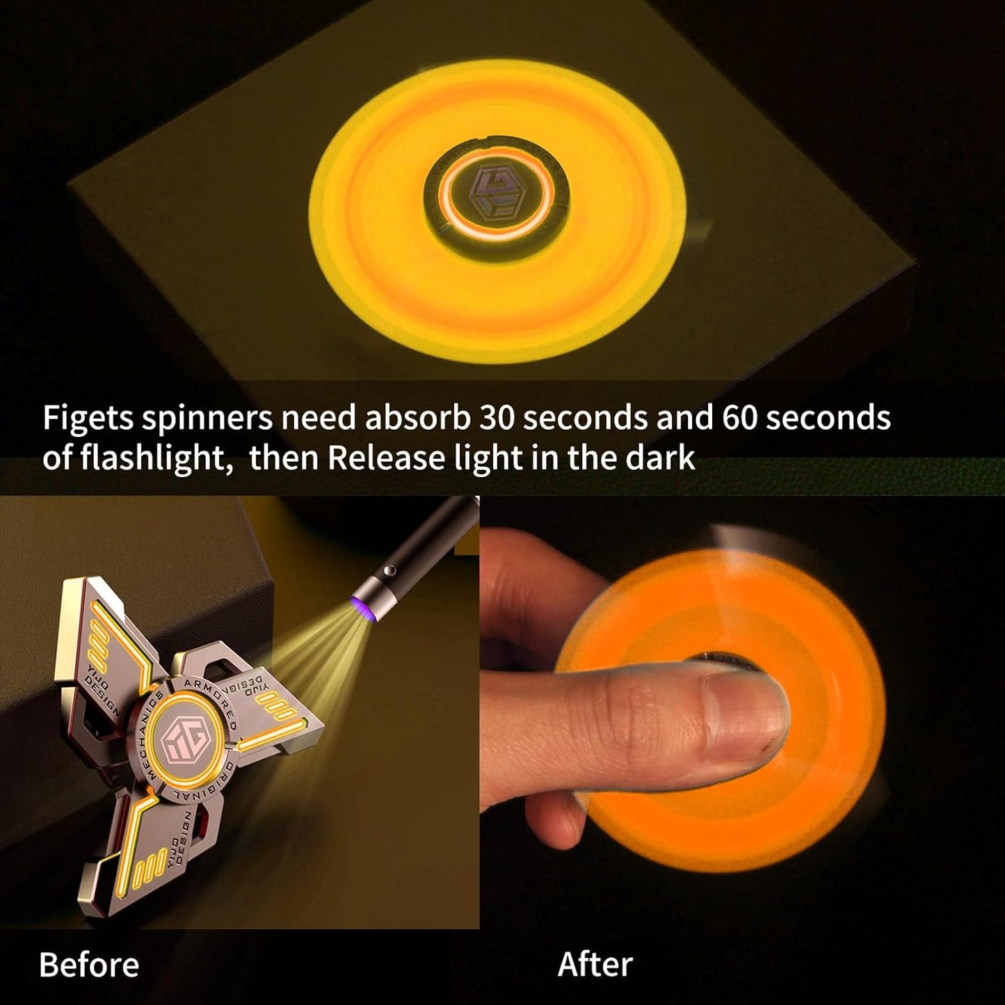 INNÔPLUS Fidget Spinner, Fidget Spinners Cool, Fidget Spinners for Kids, Stress Anxiety ADHD Relief Figets Toy, Fidget Light Up Spinner, Metal Finger Hand Spinner Toy with Luminous Light (Orange)