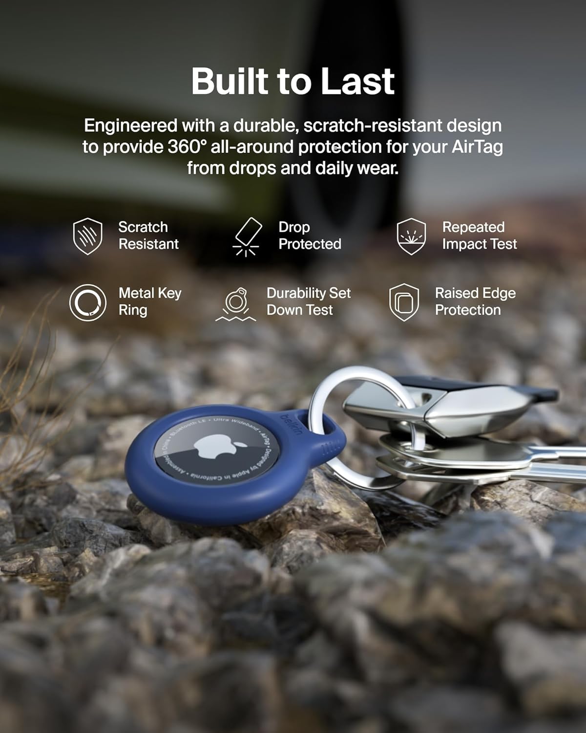 Belkin Apple AirTag Secure Holder with Key Ring - Durable Scratch Resistant Case With Open Face & Raised Edges - Protective AirTag Keychain Accessory For Keys, Pets, Luggage, Backpacks - Blue