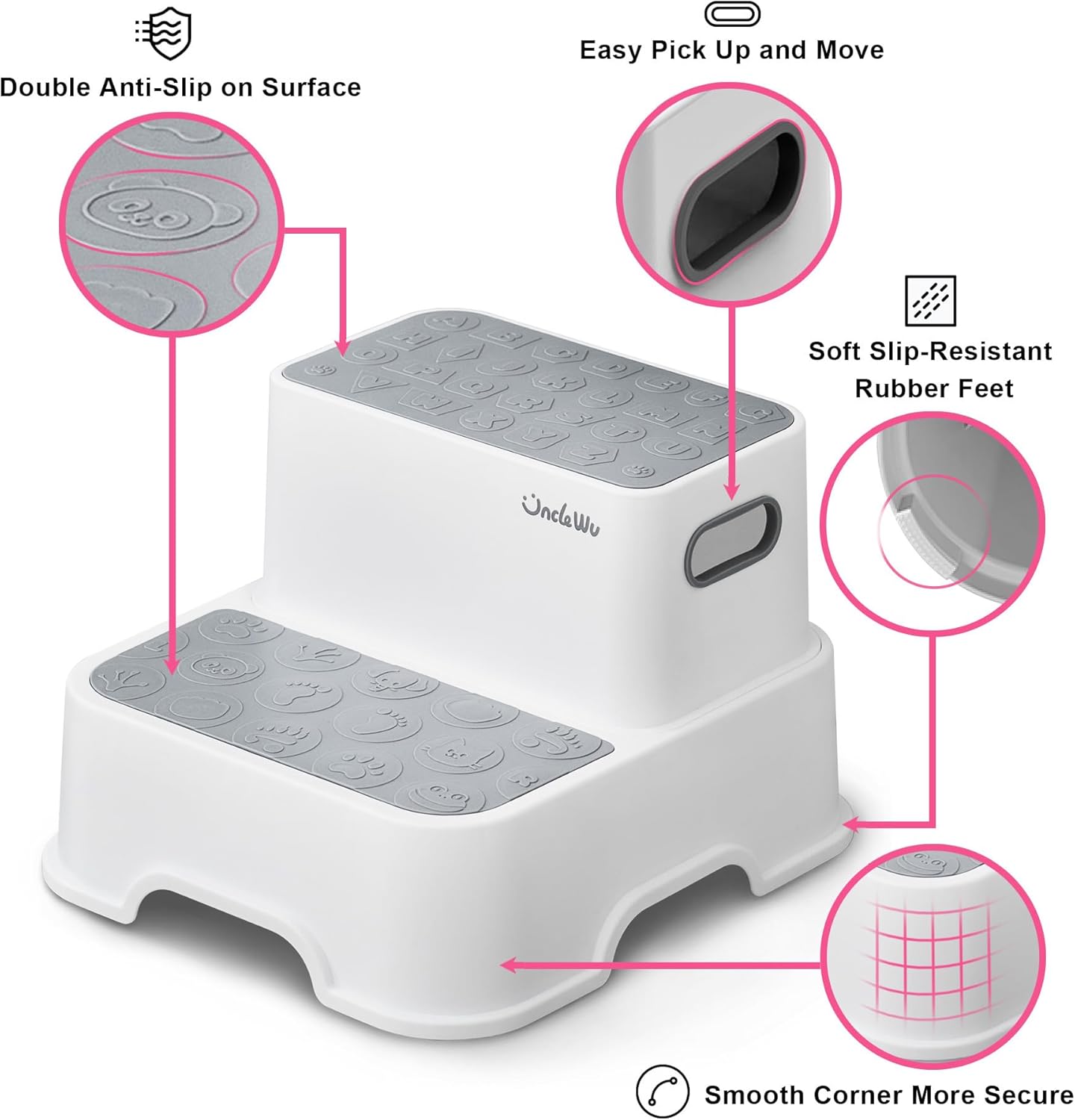 ÜNCLE WU 2 Pack Step Stool for Toddlers & Adults – Non-Slip Plastic Stool for Bathroom Sink, Potty Training,Kitchen & Toilet (Includes 2 Faucets, 2 Ducks, 3 Stickers)