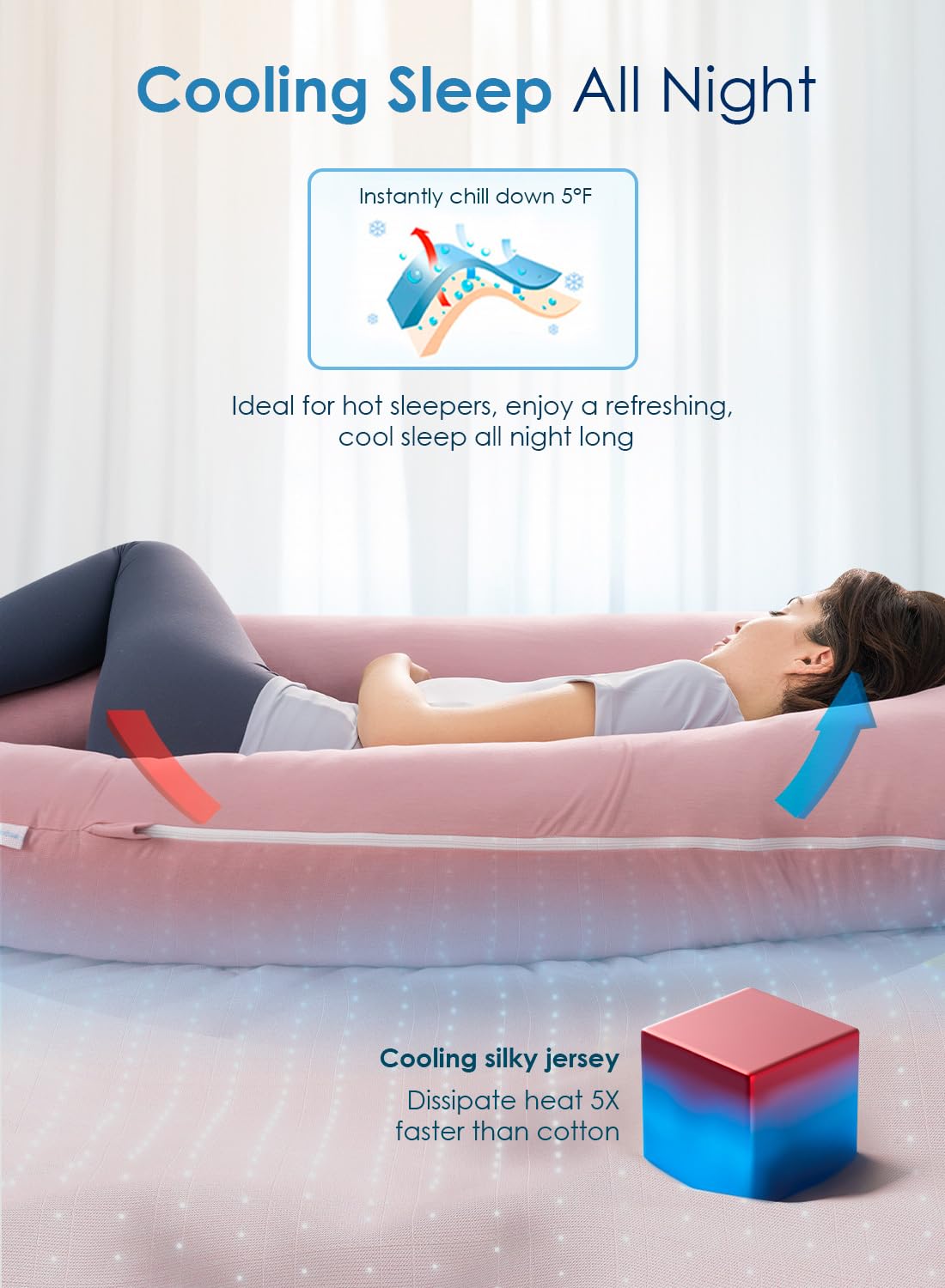 QUEEN ROSE Pregnancy Pillows for Sleeping, Cooling U Shaped Body Pillow, Maternity Pillow for Pregnant Women with Silky Soft Cover, Pink