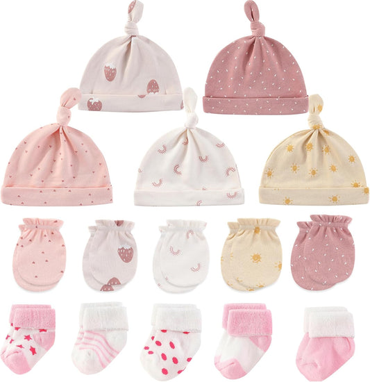 Newborn Baby Boy Girl Caps Mittens Socks Set Cotton Baby Essentials Accessories (Hats+Gloves+Socks)
