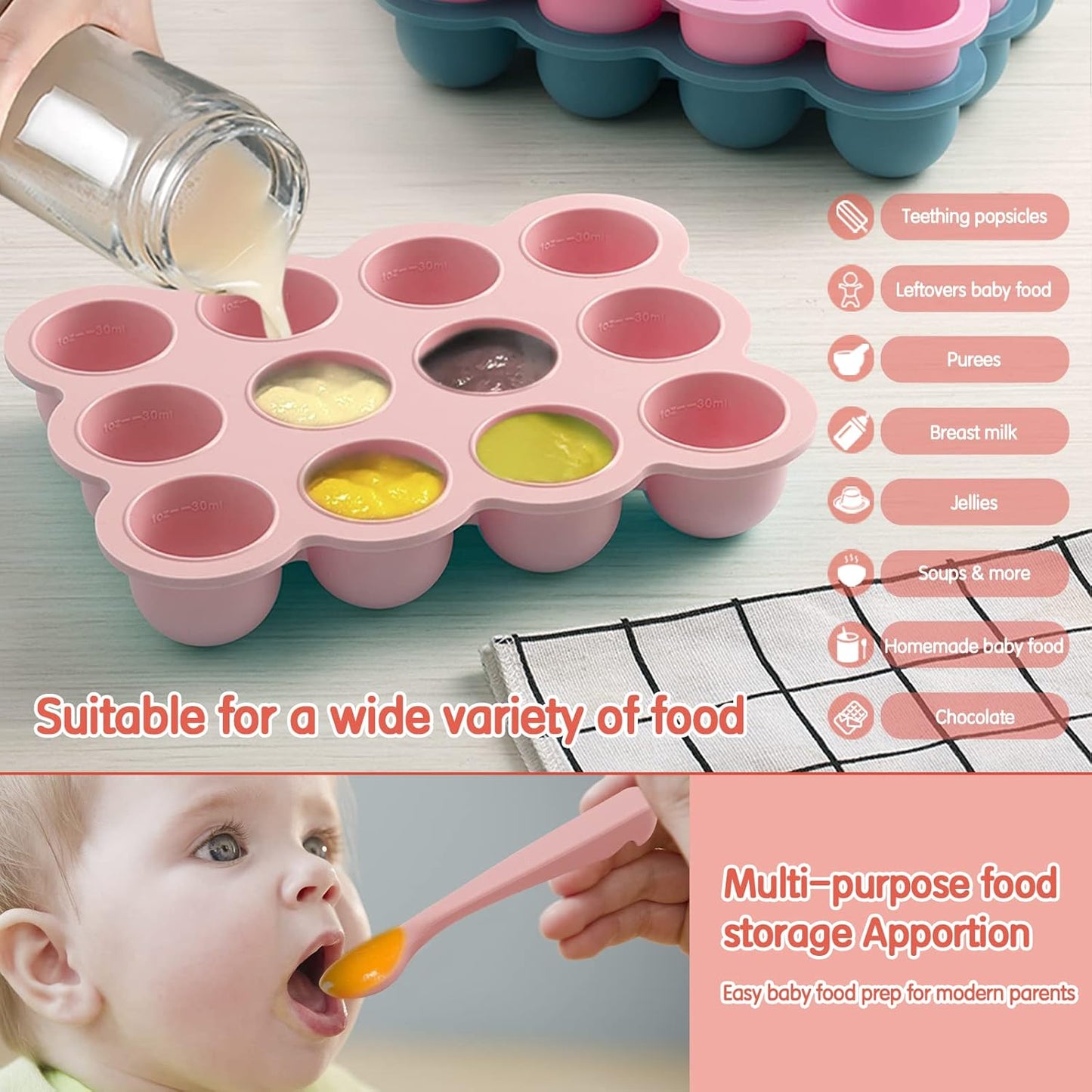 Baby Food Storage Container - 12 x 1.5oz Silicone Baby Food Freezer Tray with Silicone Lid, Perfect for Homemade Purees, Vegetables & Fruits - Gossamer Pink