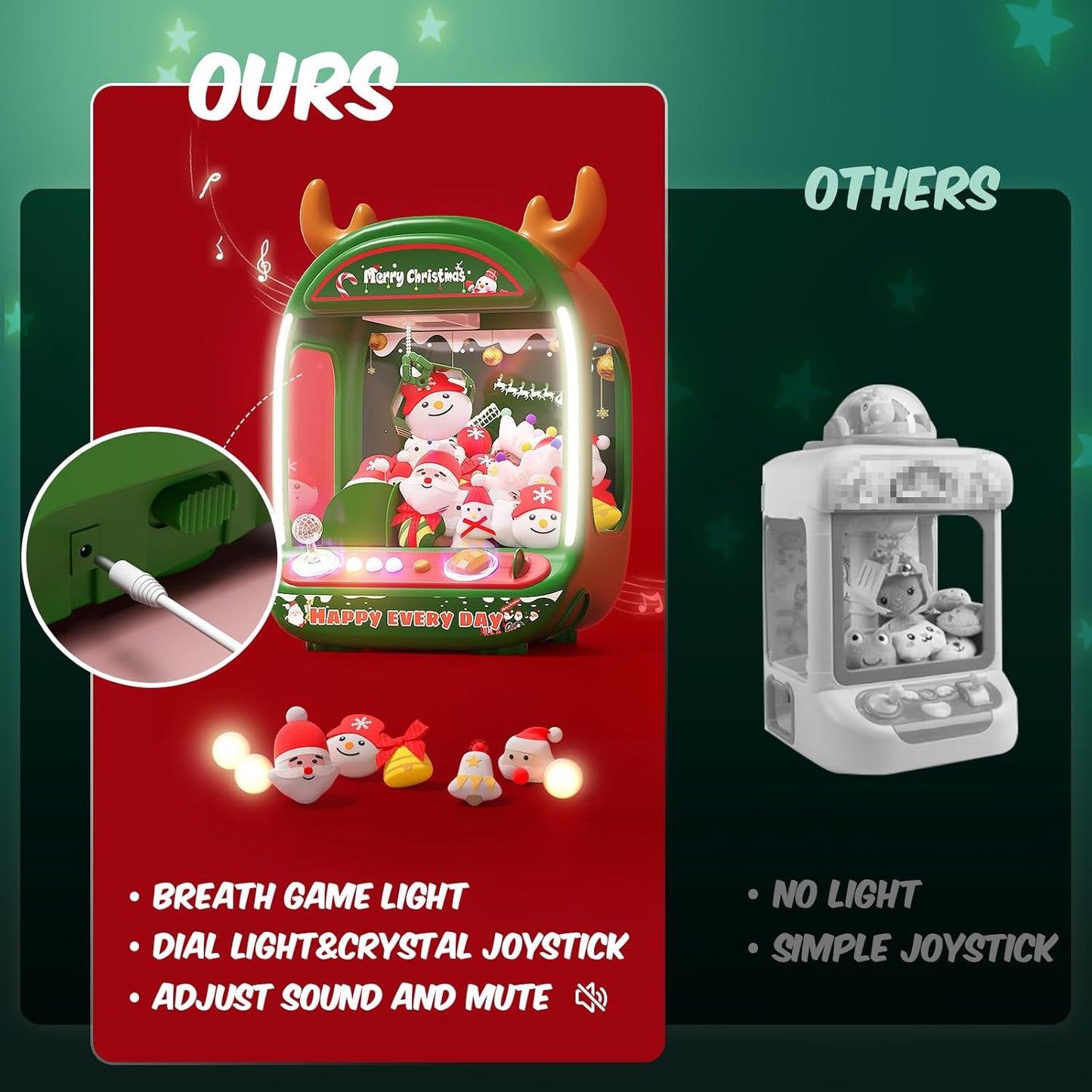 Christmas Claw Machine for Kids, Holiday Toys for Girls Age 6+, Mini Arcade Game Vending Machine with Plush Toys and Candy Dispenser, Festive Claw Game Machine, for Girls