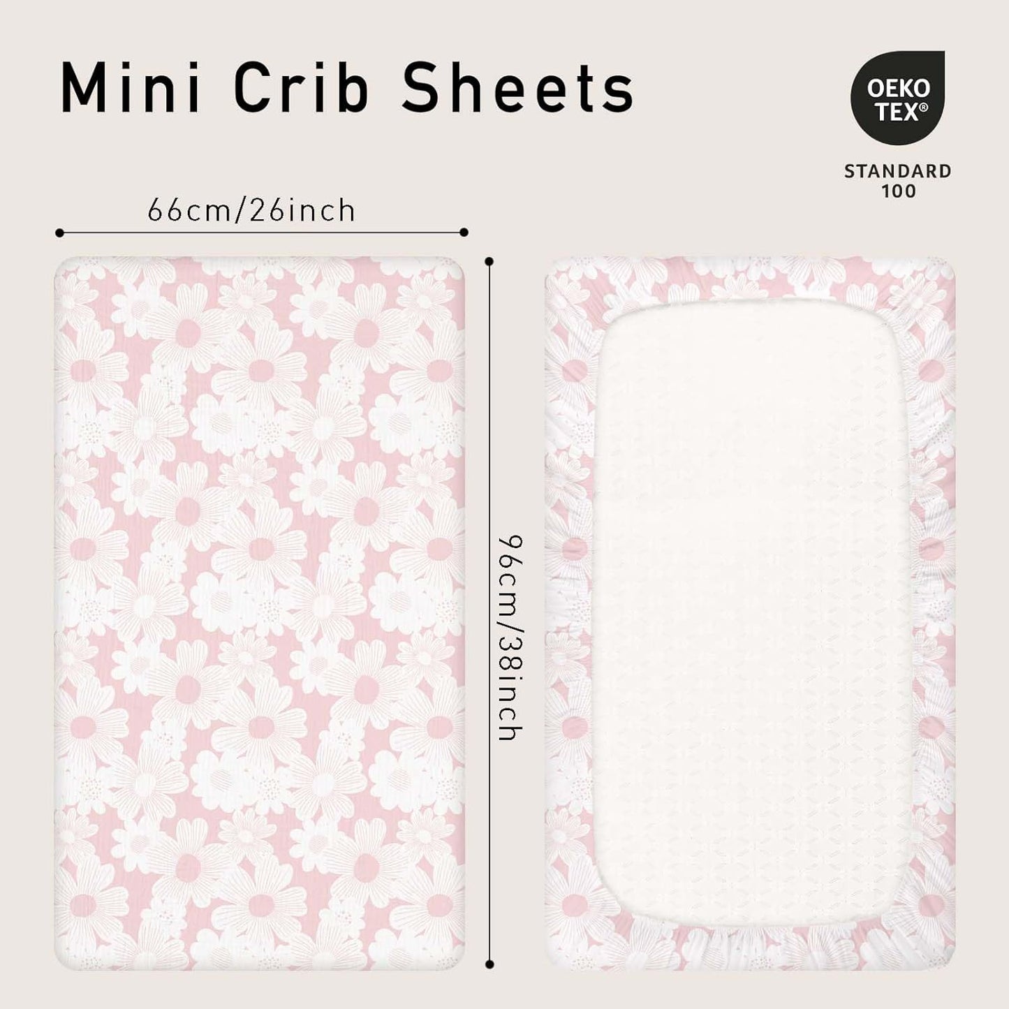 Gllquen Baby Muslin Mini Crib Sheets 3 Pack, Breathable Pack and Play Sheets Fitted Soft Cozy Cotton Pack N Play Sheets for Baby Boy Girls, Universal Fitted Mini Crib Mattresses 38"x26" (Pink)