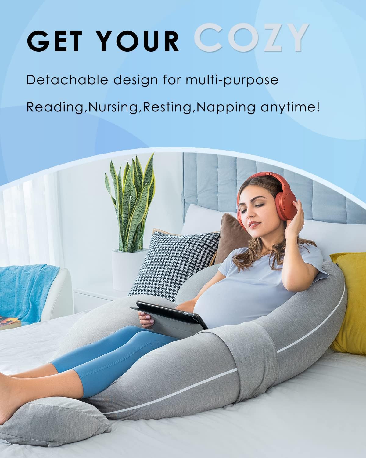 QUEEN ROSE Pregnancy Pillows - E Shaped Pregnancy Pillows for Sleeping, with Pregnancy Wedge Pillows for Belly Support, 60 inch Maternity Body Pillow, Breathable Jersey Cover,Grey