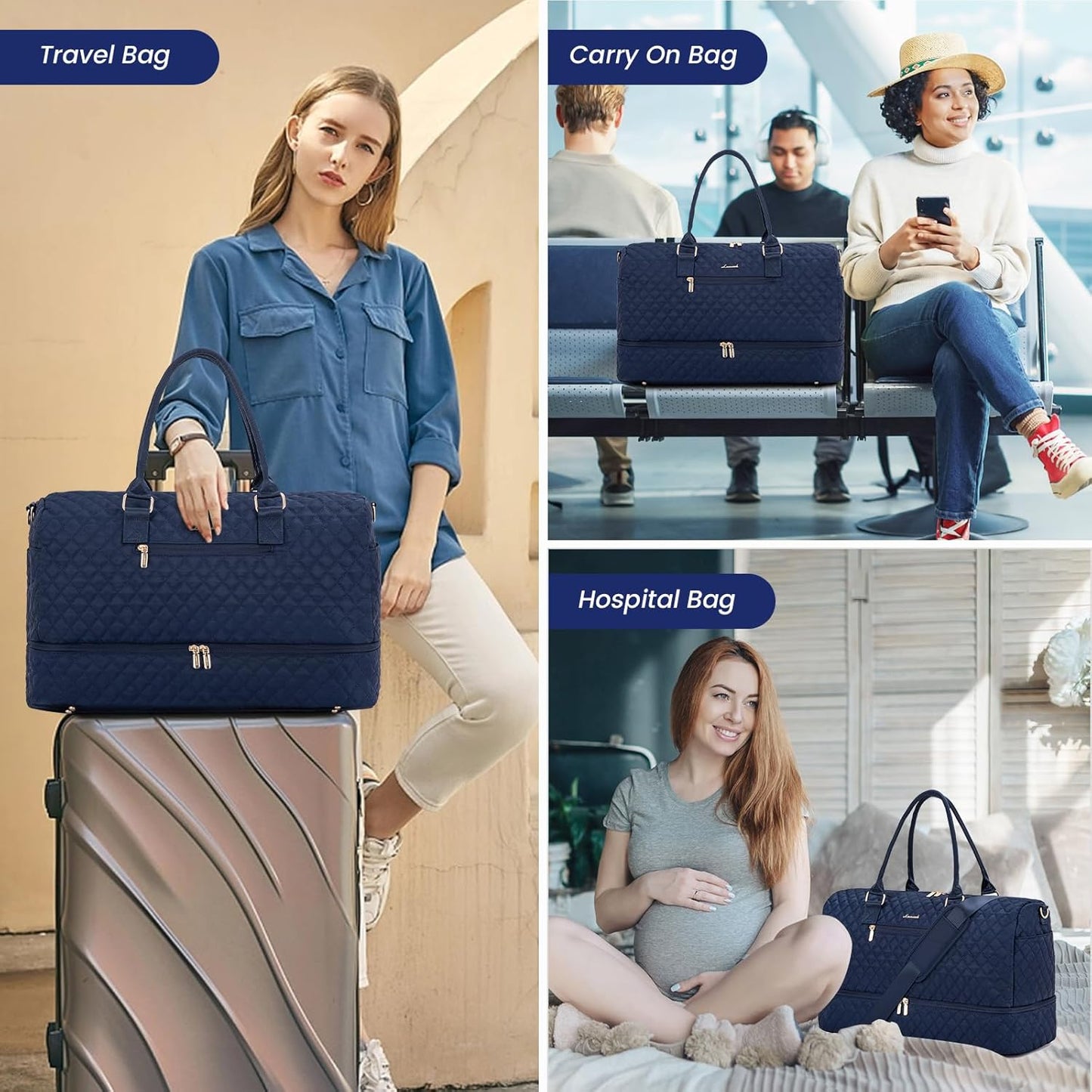 LOVEVOOK Travel Duffle Bag for Women, Weekender Overnight Bag with Shoe Compartment, Carry on Bag with Toiletry Bag, Gym Duffel Bag with Wet Pocket, Hospital Bags for Labor and Delivery 3 Pcs Set