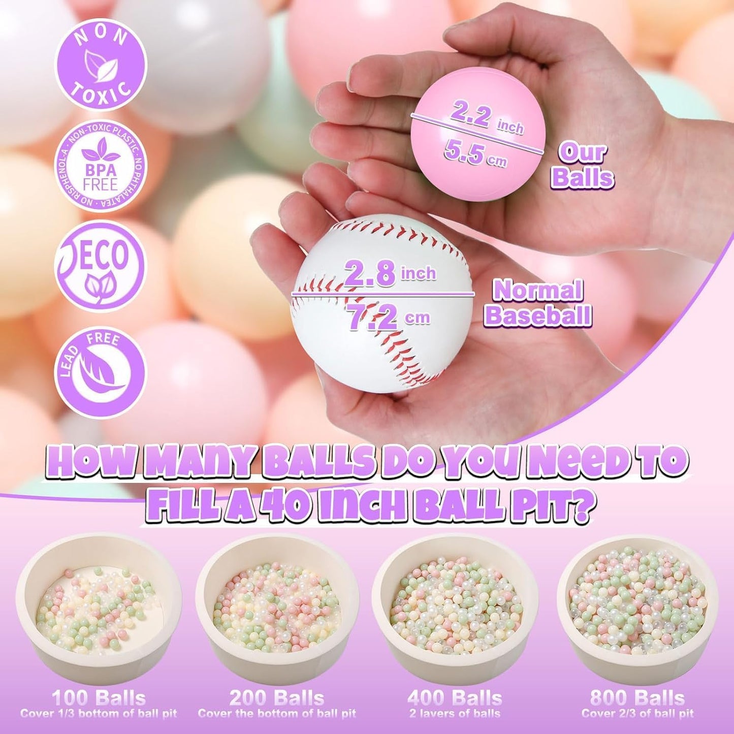 GOGOSO Balls for Ball Pit - Plastic Ball for Toddlers 1-3, Baby Kids Ball Pool Decoration 50 100 200 300 500 1000 (6 Colors, 200 Balls)