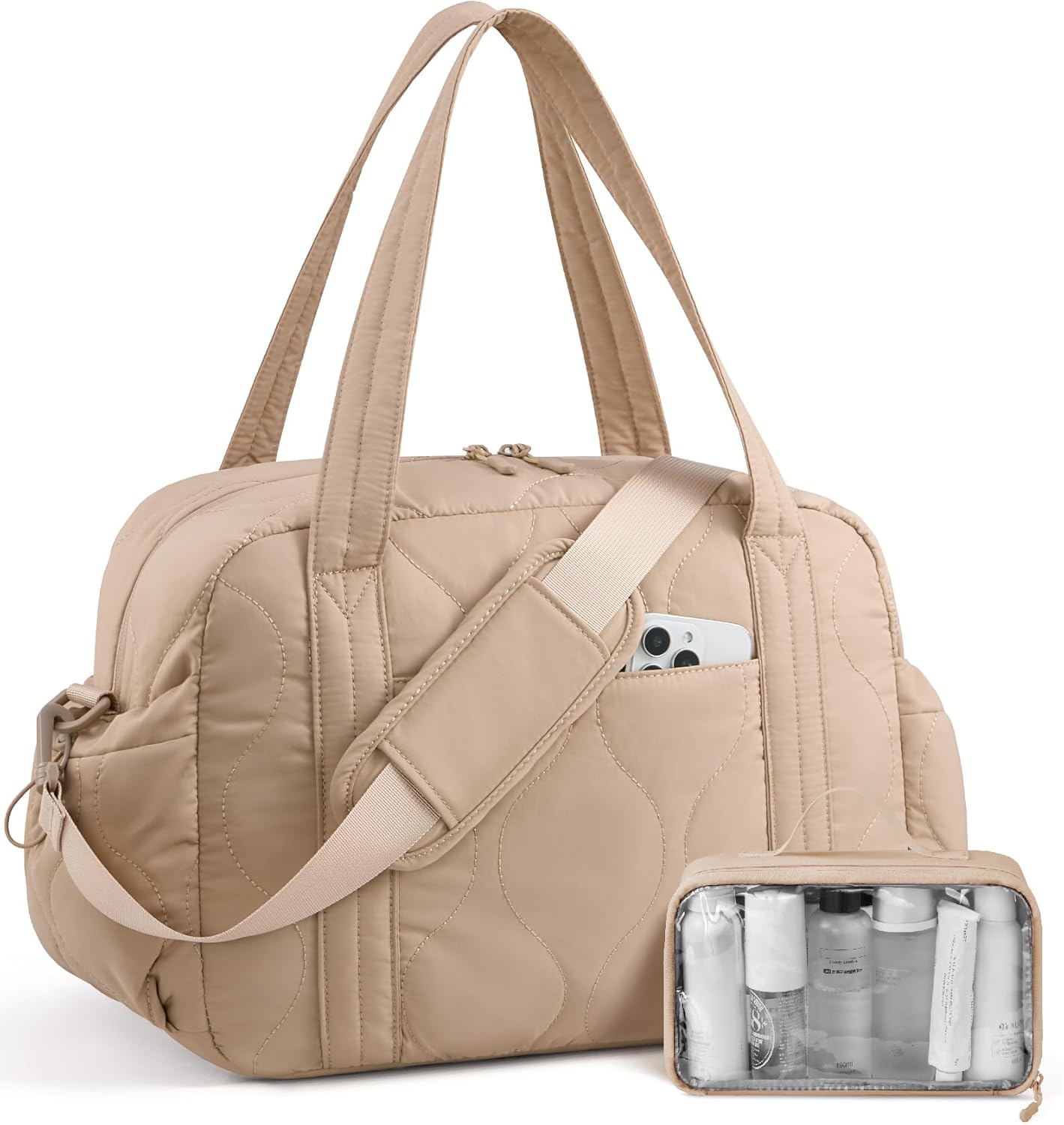 LOVEVOOK Gym Bag for Women, Puffer Travel Duffle Bag with Wet Pocket, Lightweight Carry On Bag Weekender Overnight Bag with Toiletry Bag, Multiple Pockets Hospital Bags for Labor and Delivery, Khaki