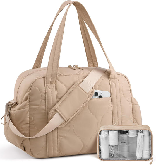 LOVEVOOK Gym Bag for Women, Puffer Travel Duffle Bag with Wet Pocket, Lightweight Carry On Bag Weekender Overnight Bag with Toiletry Bag, Multiple Pockets Hospital Bags for Labor and Delivery, Khaki