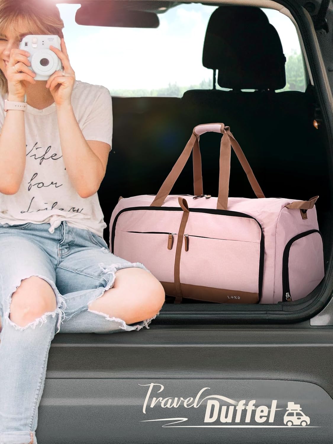 Lekesky Foldable Travel Duffel Bag for Women, 80L Large Duffle Bag with Separate Shoes Compartments & Straps, Carry On Weekend Bag for Women, Hospital, Overnight(Pink)