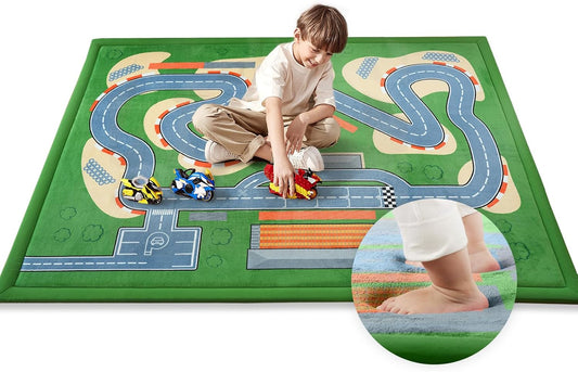 Kids Play Rug, 1.3" Thickened Knee Protection Playmat 39"×59" Car Mat for Track Racing Non-Slip Educational Activity Mat Toddler Rugs for Play Area