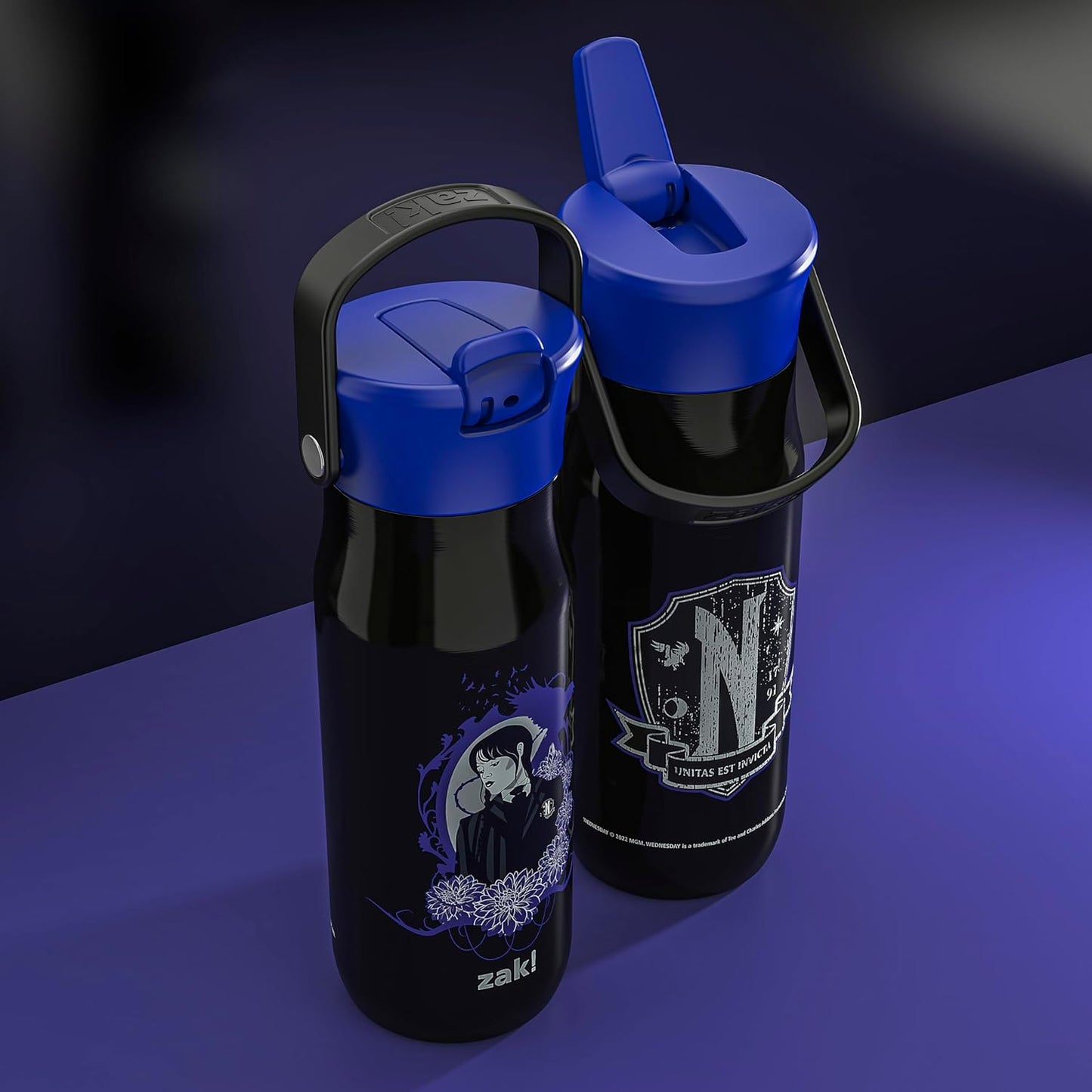 Zak Designs Harmony Wednesday Water Bottle for Travel or At Home, 20oz Recycled Stainless Steel is Leak-Proof When Closed and Vacuum Insulated with Straw Lid and Carry Handle (Wednesday Addams)