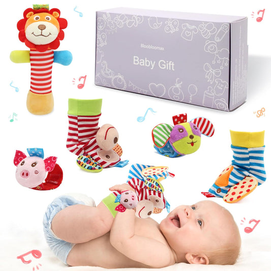 BLOOBLOOMAX Wrist Rattles Foot Finder Rattle Toy for 0-4 Months Baby, Feet Leg Ankle Socks Arm Hand Bracelet Shaker for 4-8 Months Infant boy & Girl, Gift Set for 0-1 Years Newborn Babies (5 pcs-B)
