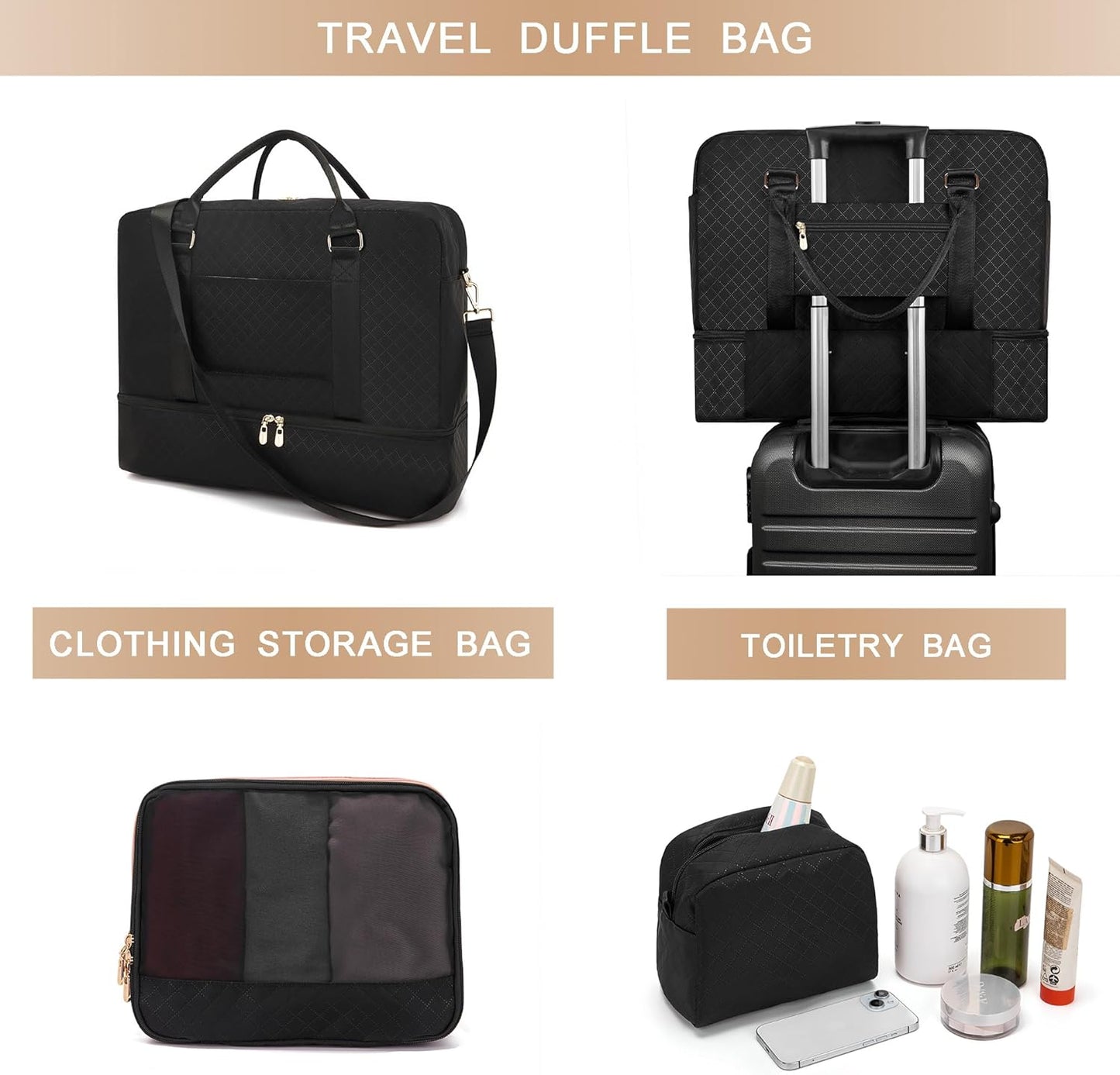 Soperwillton Women Travel Duffel Bags Carry On Overnight Bag with Shoe Compartment & Toiletry Pouch Gym Bag with Wet Pocket