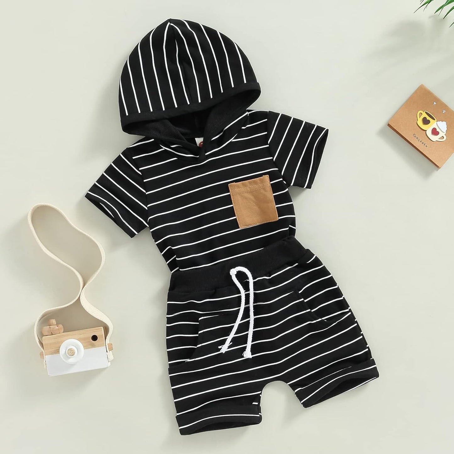 Toddler Baby Boy Summer Hooded Outfit Contrast Color Short Sleeve T Shirt Top Elastic Shorts Summer Clothes Set