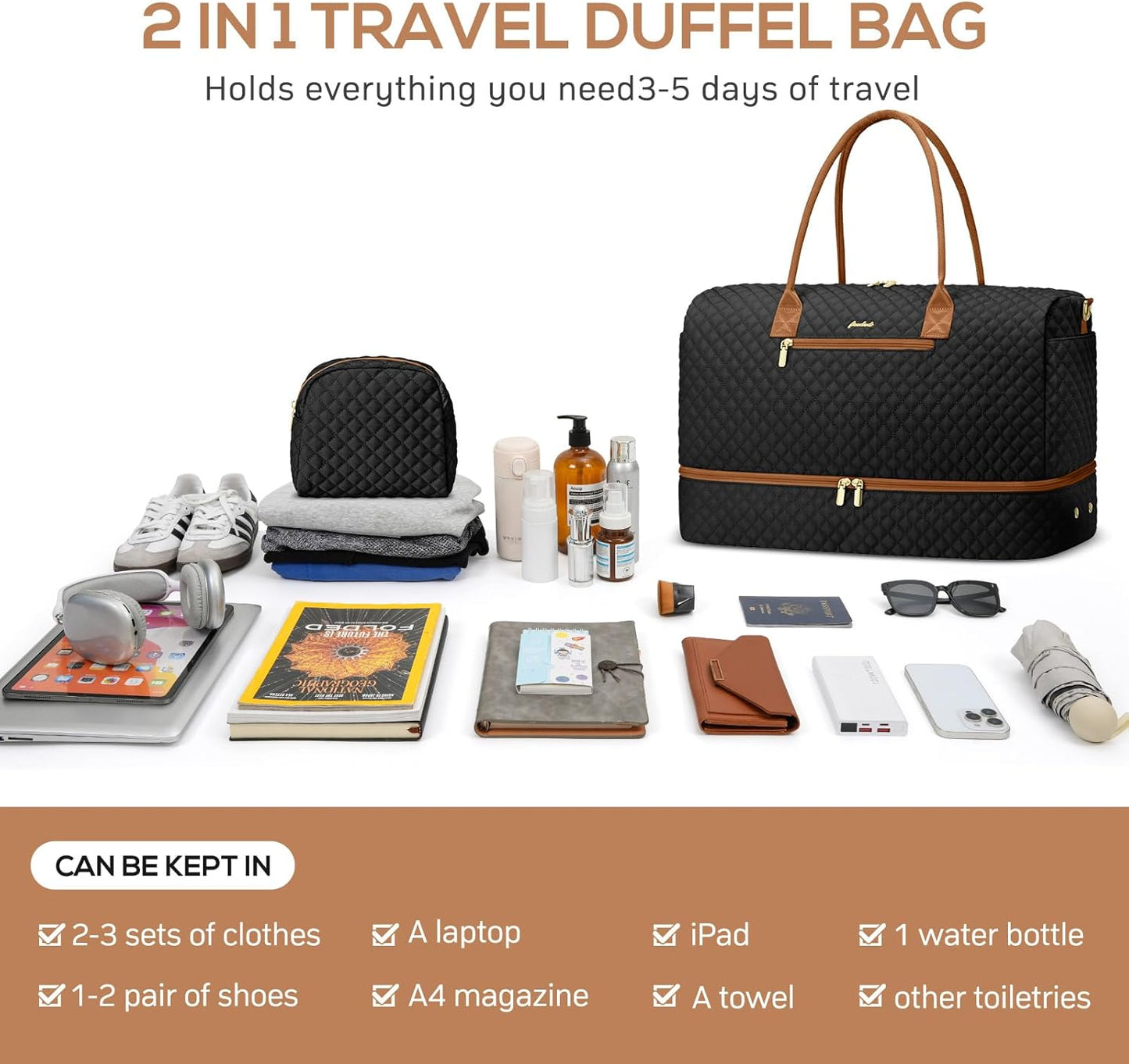 Travel Bag Weekender Bags for Women - Carry on Overnight Bag with Shoe Compartment Duffle Bag with Laptop Pocket Hospital Bag for Labor Delivery Gym Tote Bag with Toiletry Bag Black Brown