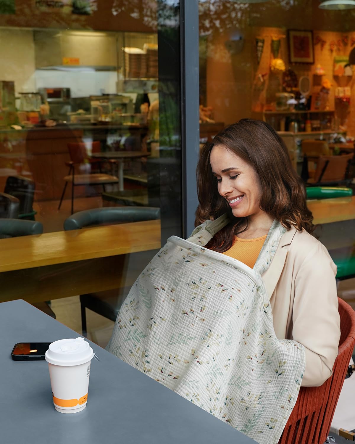 Blissful Diary Muslin Nursing Cover for Breastfeeding, Breathable Breastfeeding Cover up with Arch Neckline for Women, Nursing Apron (Botanical Leaf)