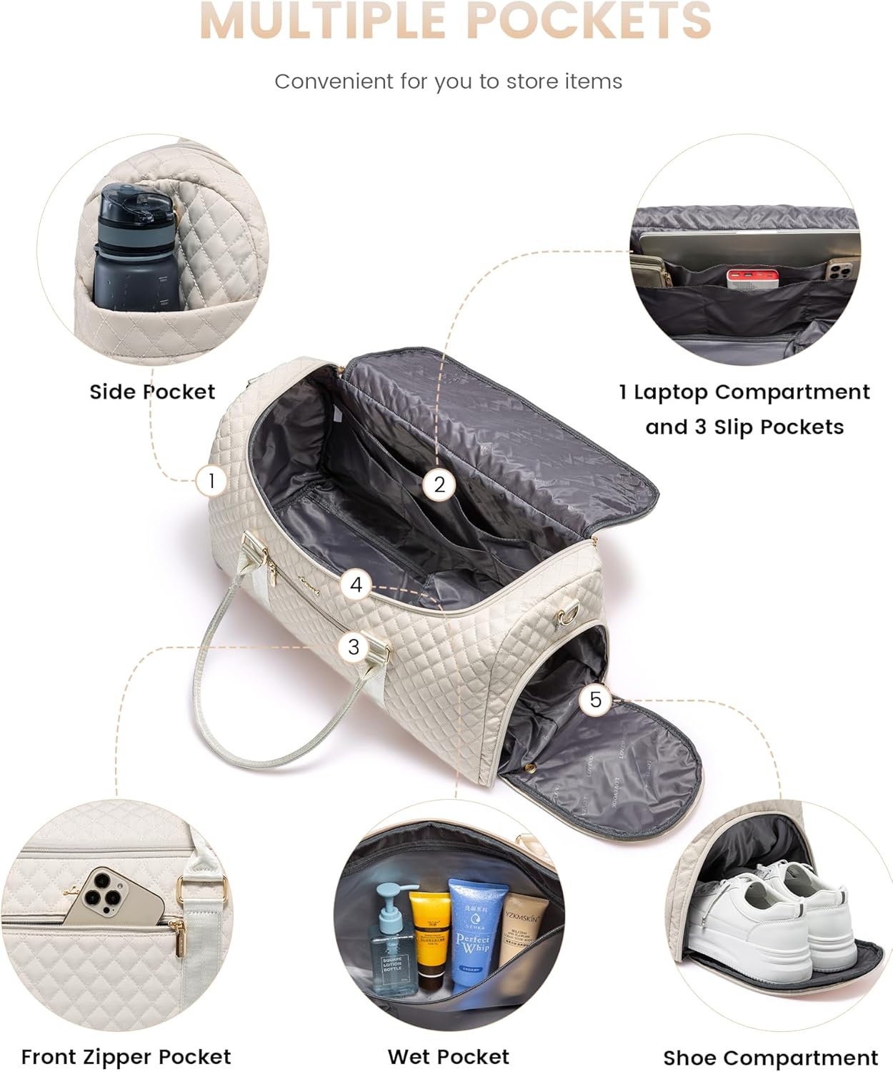 LOVEVOOK Travel Duffle Bag, 40L Weekender Overnight Bags with Toiletry, Quilted Carry On Bag with Shoe Compartment, Gym Duffel Bag with Wet Pocket for Women, Hospital Bags for Labor and Delivery