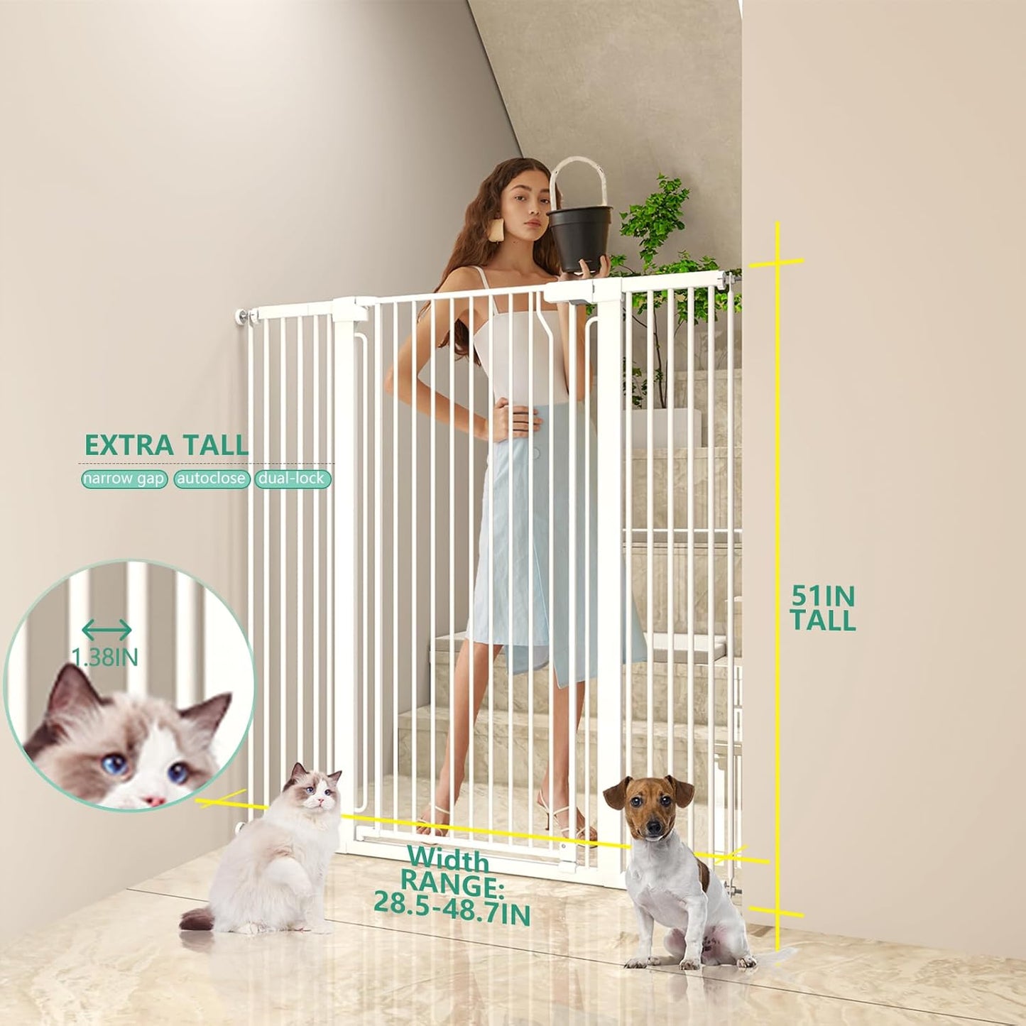 51" Extra Tall Cat Gate 28.5"-48.7" Wide, Auto Close, Pressure Mounted, for Cats & Small Dogs, Hallway, Stairs, Kitchen