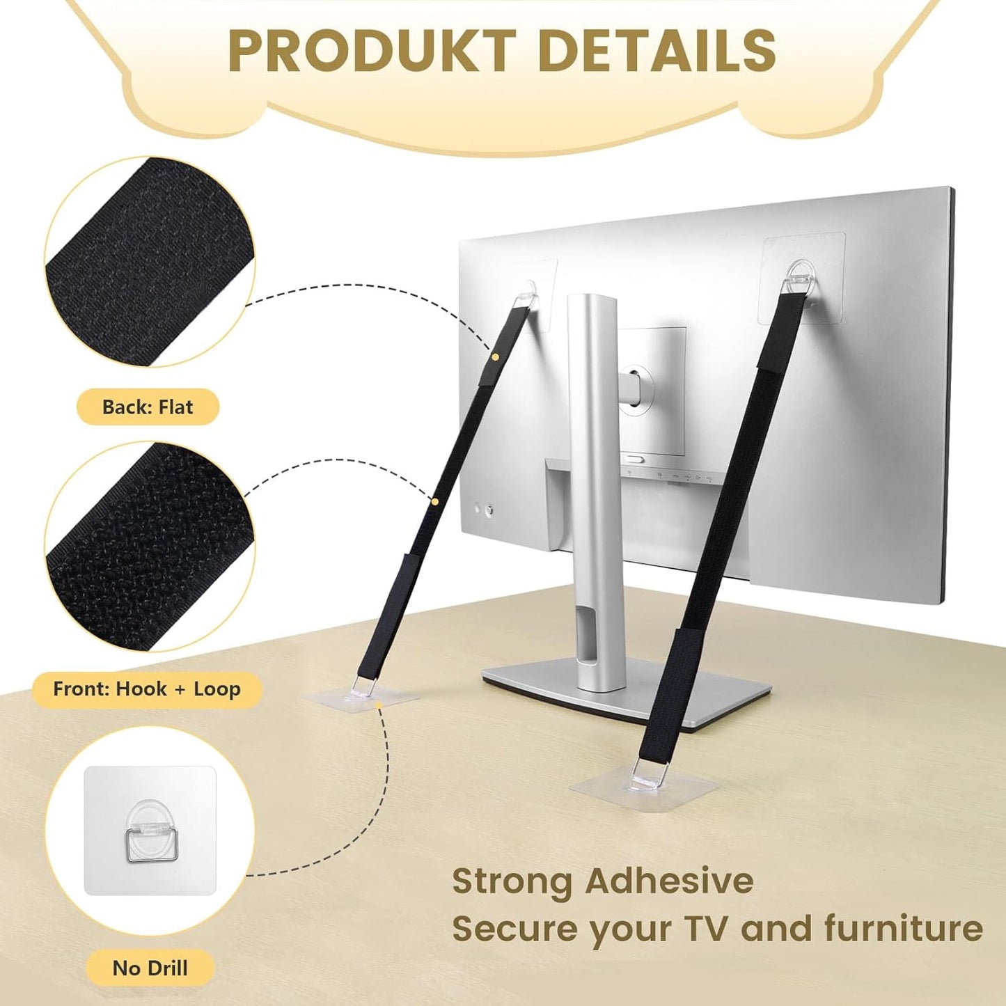 4 Pack Cut to Length TV Safety Straps for Flat Screen, No-Drill Adjustable Anti-Tip Earthquake Straps for TV and Furniture，Including 1in*16ft Hook and Loop Straps with 8 Adhesive Anchors