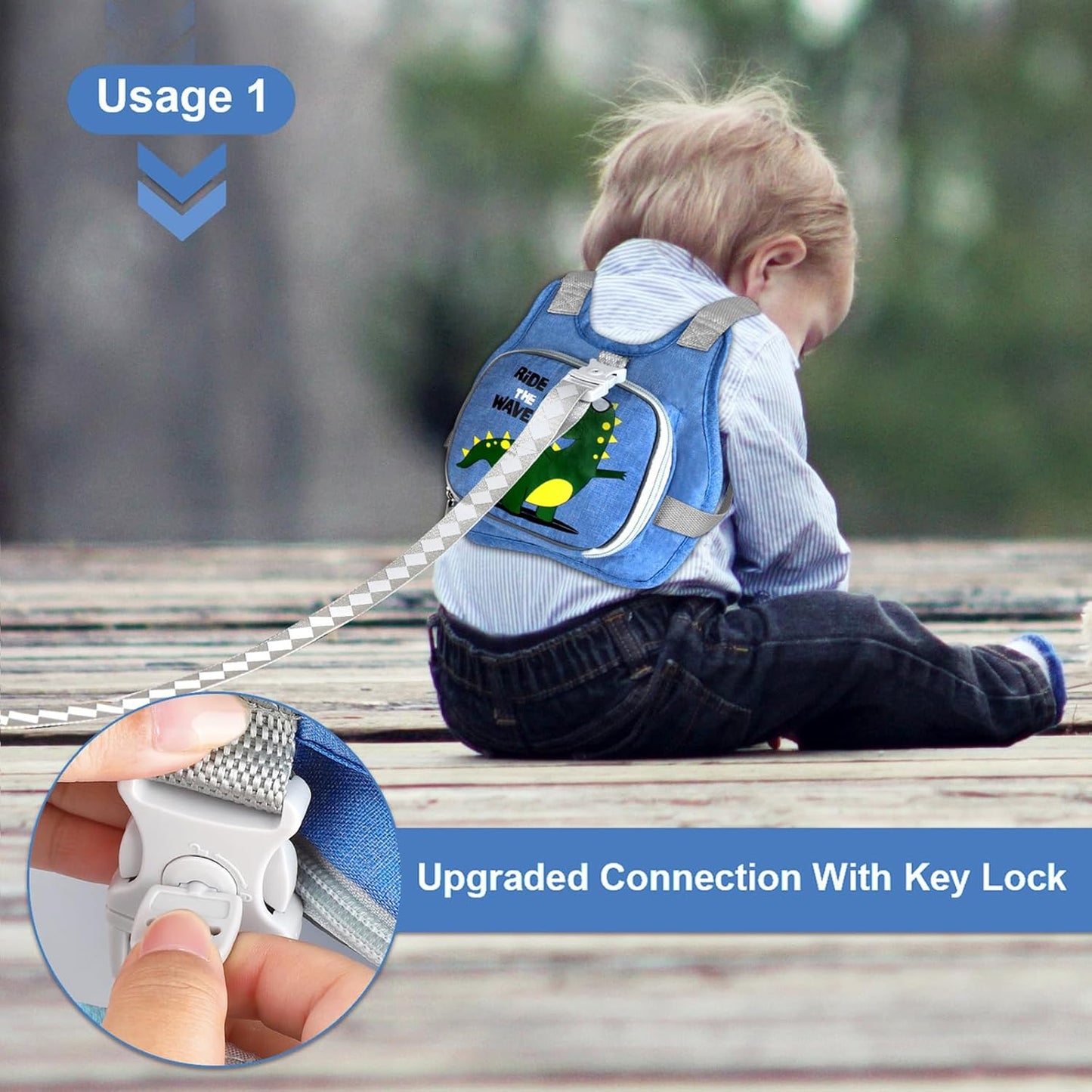 Toddler Harness Leash+ Anti Lost Wrist Link, Accmor Cute Dinosaur Kids Harness with Leash, Foldable Child Leash Baby Walking Wristband Assistant Strap Belt for Parent Boys Outdoor Activity