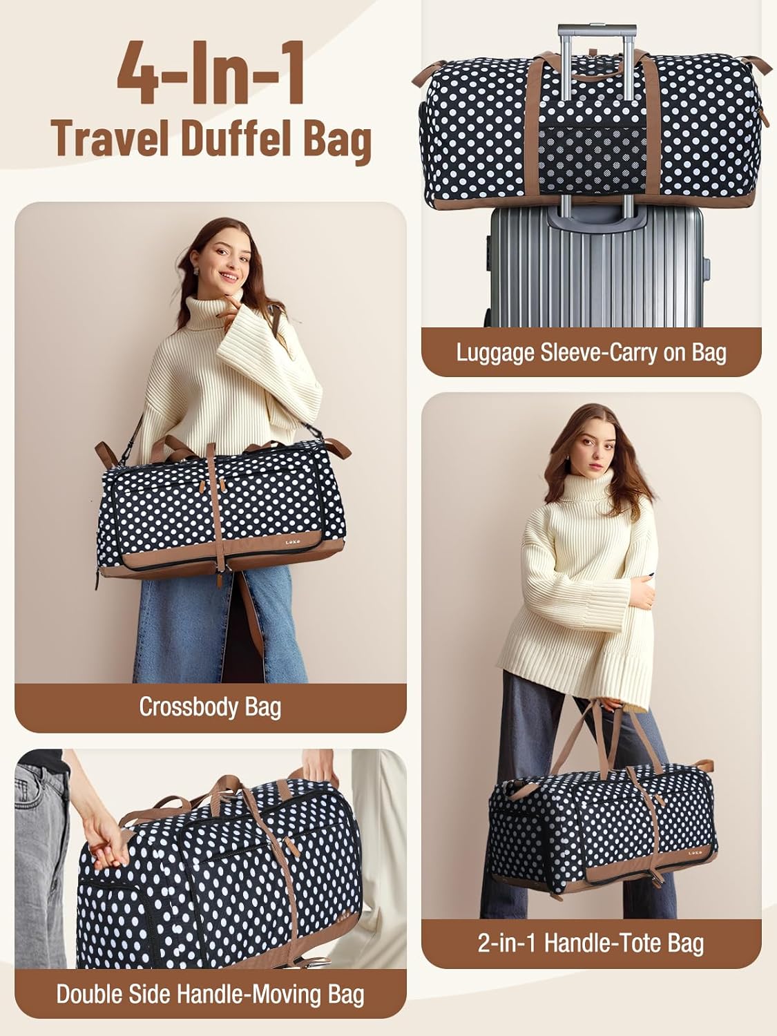 Lekesky Foldable Travel Duffel Bag for Women, 80L Large Duffle Bag with Separate Shoes Compartments & Straps, Carry On Weekend Bag for Women, Hospital, Overnight(Polka Dots)