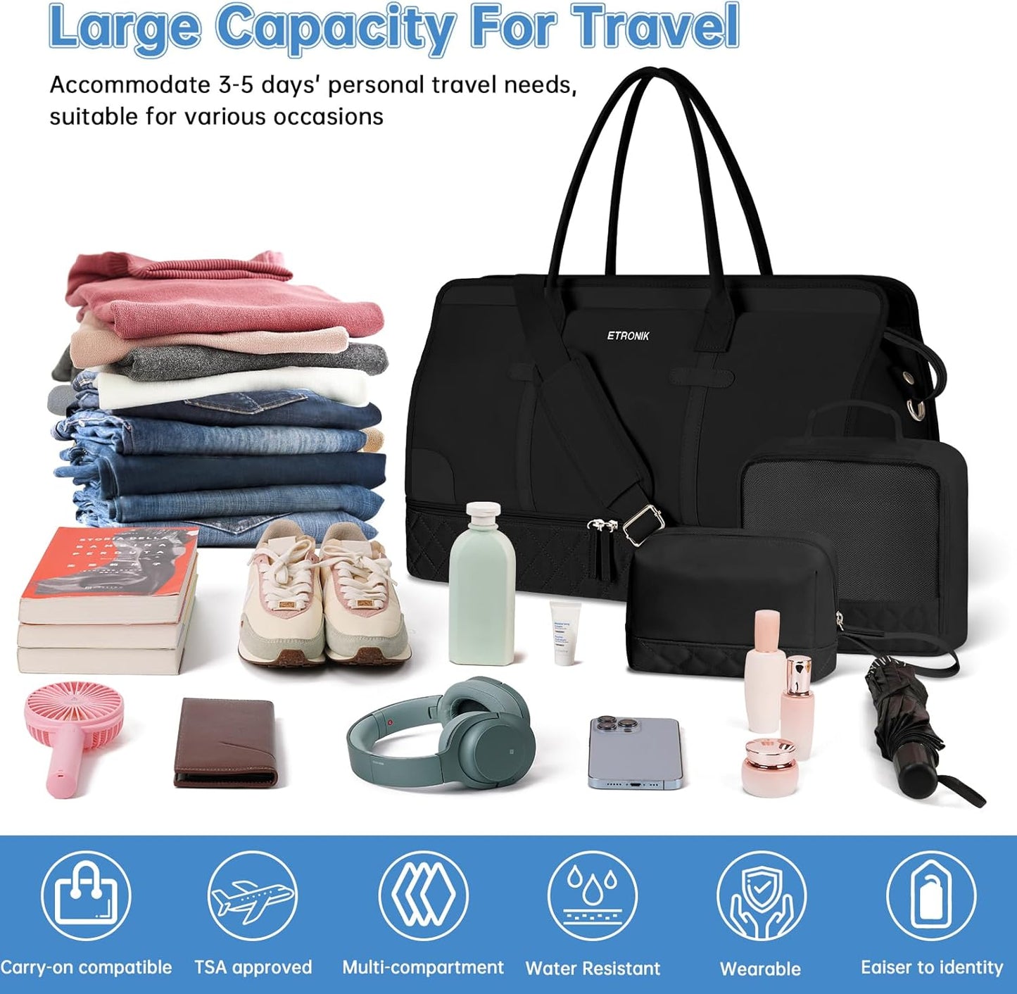 ETRONIK Weekender Overnight Duffle with Shoe Compartment & Wet Pocket, Carry On Gym Bag for Travel & Hospital, XL Black