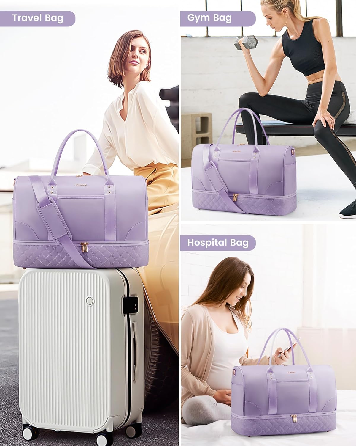 LOVEVOOK Travel Bag,Weekender Bag for Women Travel Duffle Bag with Shoe Compartment,Carry on Overnight Bag with Wet Pocket,Gym Yoga Duffel Bag,Hospital Bags for Labor and Delivery,3 Pcs Set