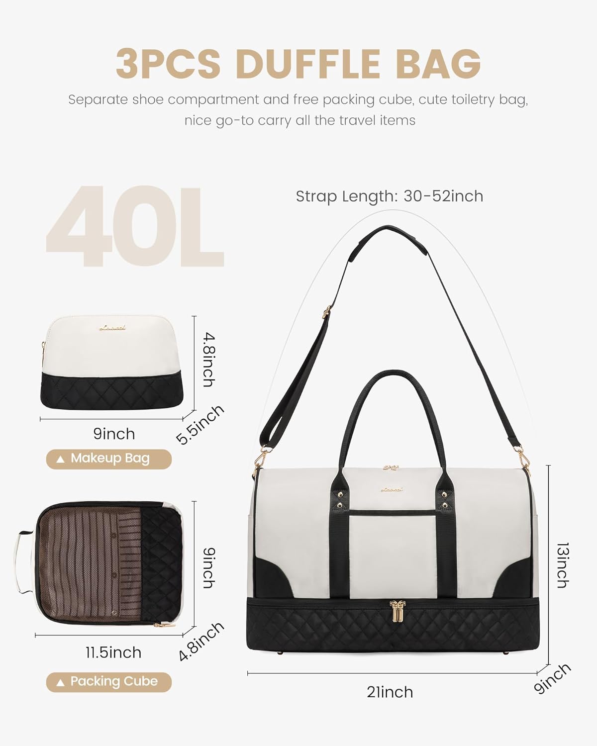 LOVEVOOK Women's 22" L x 14.5" H x 9.5" W Off White Nylon Travel Weekender Bag Set with Shoe Compartment, Wet Pocket, Trolley Sleeve & Shoulder Strap