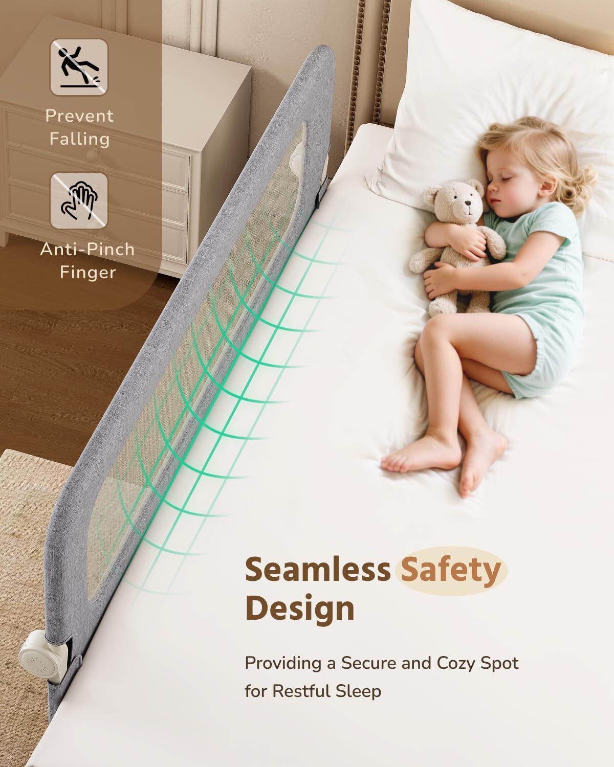 HOMEAL Toddler Bed Rails - 47"x24" Foldable Baby Bed Rail Guard with U-Shape Base - Kids Guard for for Twin, Full, Queen, King Beds - Breathable Bed Rail for Baby, Grey, 1 Pack