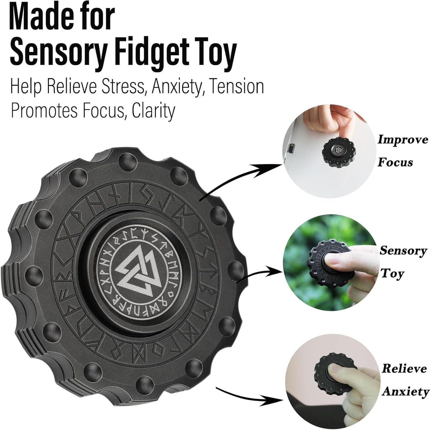 FREELOVE Metal Fidget Spinner Magnetic Slider, Viking Pirate Spinning Haptic Clicker, Heavy Stainless Steel Spin Clicky, Small Round Gear Click Gyro, Premium Silent Bearing, Adults Anxiety Cool, Black