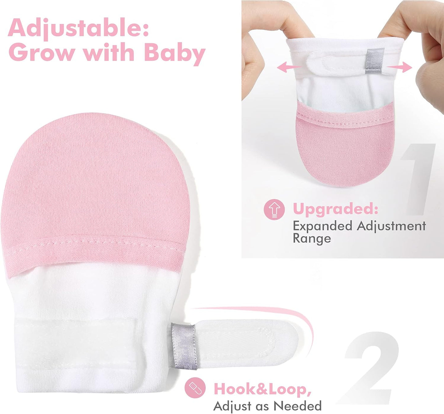 HAPIU Baby No Scratch Mittens Stay On, 100% Cotton Breathable, Adjustable Infant Gloves for Boys Girls, Newborn - 12 M