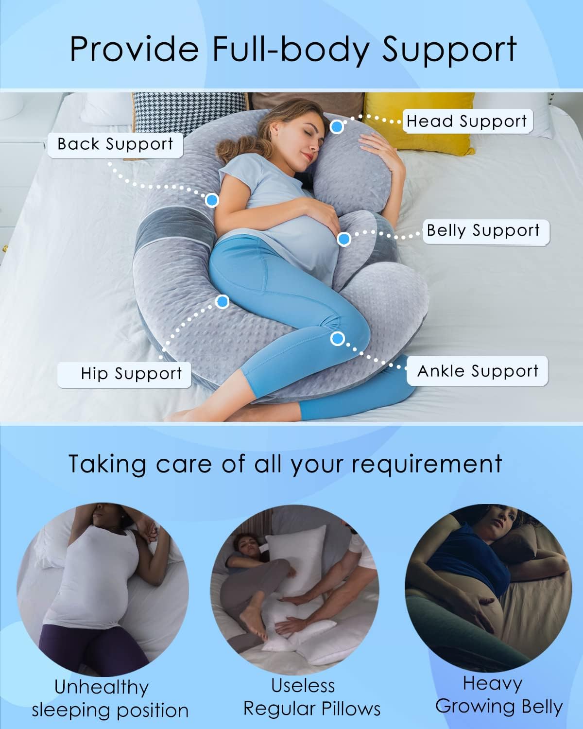 QUEEN ROSE Pregnancy Pillows, E Shaped Full Body Pillow for Sleeping, with Pregnancy Wedge Pillow for Belly Support, 60 Inch Maternity Pillow for Side Sleeper, Grey Velvet