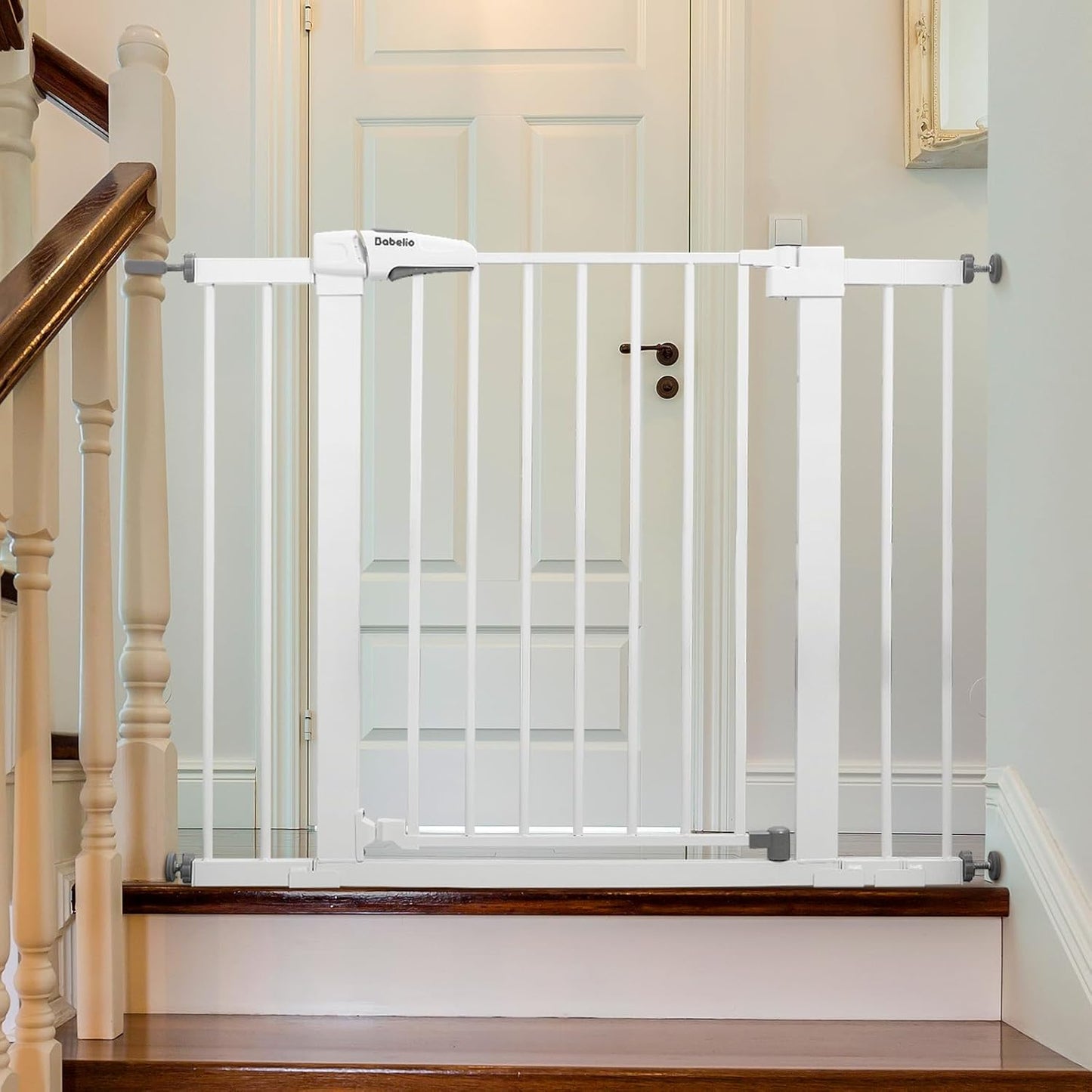 Babelio Metal Baby Gate, 29-43" Auto Close Easy Install Pet Gate, Extra Wide Walk Thru Child Safety Gate, 30" Tall Pressure Mounted Dog Gate for Doorways & Stairs, White