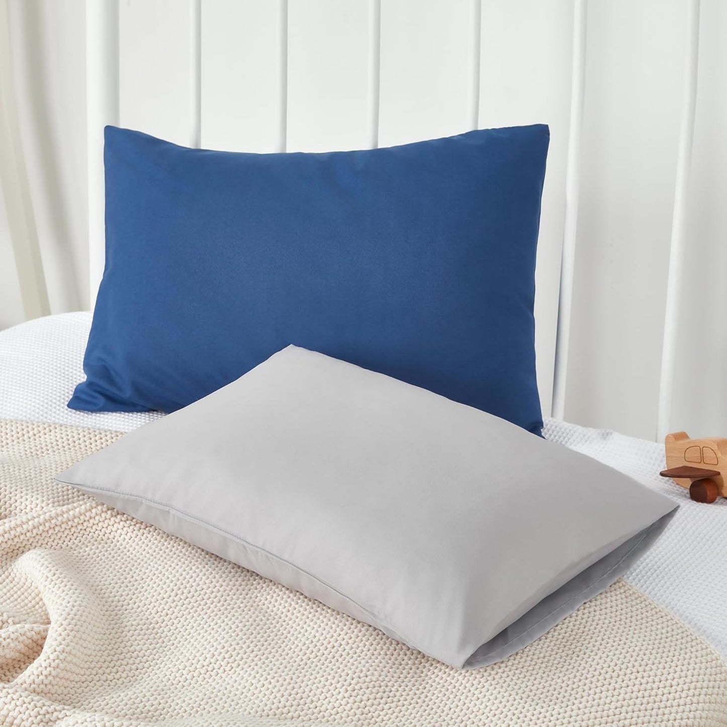 TILLYOU Toddler Pillowcase 2 Pack with Envelope Closure,13" x 18" Silky Soft Microfiber Travel Kids Pillowcase for Boys and Girls,Gray & Navy